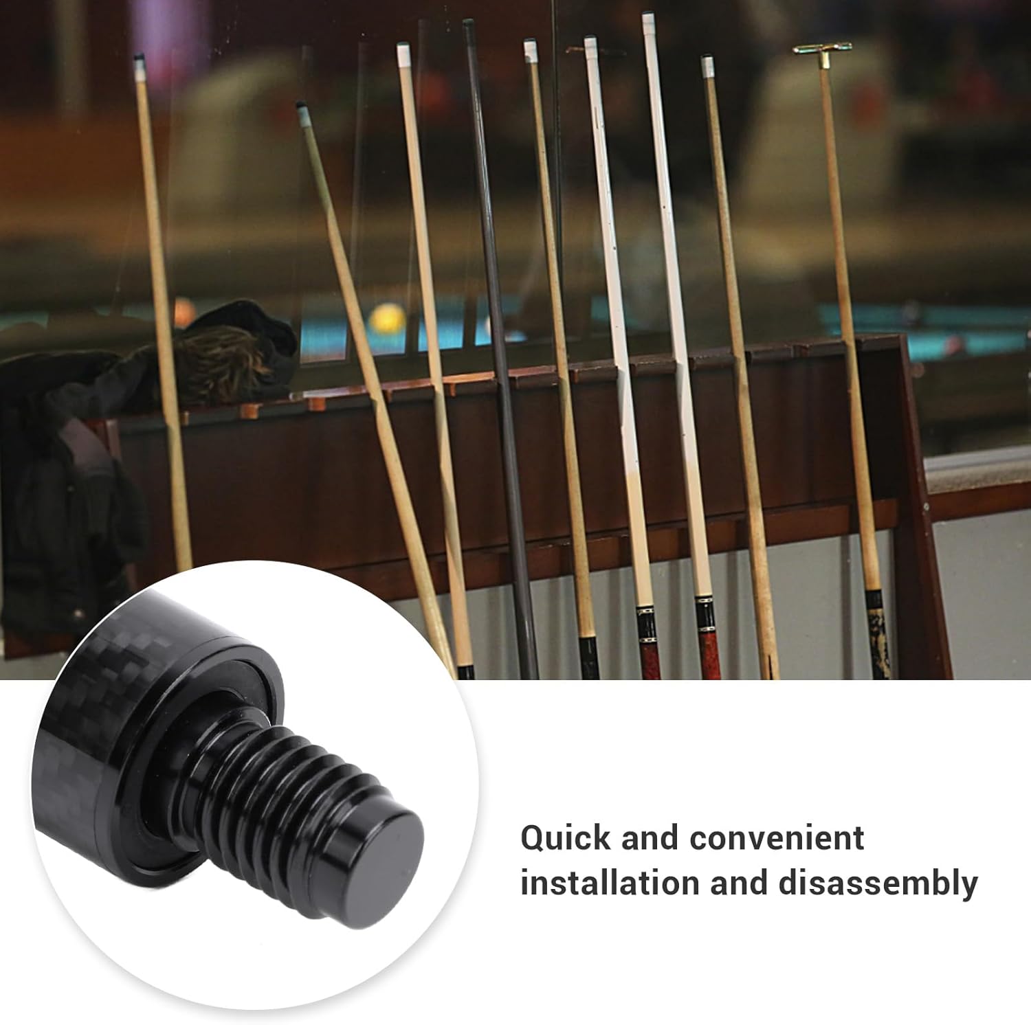 12in Pool Extension, Carbon Billiard Extender, Lightweight Pool Stick Extension for Billiard, Quick Install and Removal with Storage for Enhanced