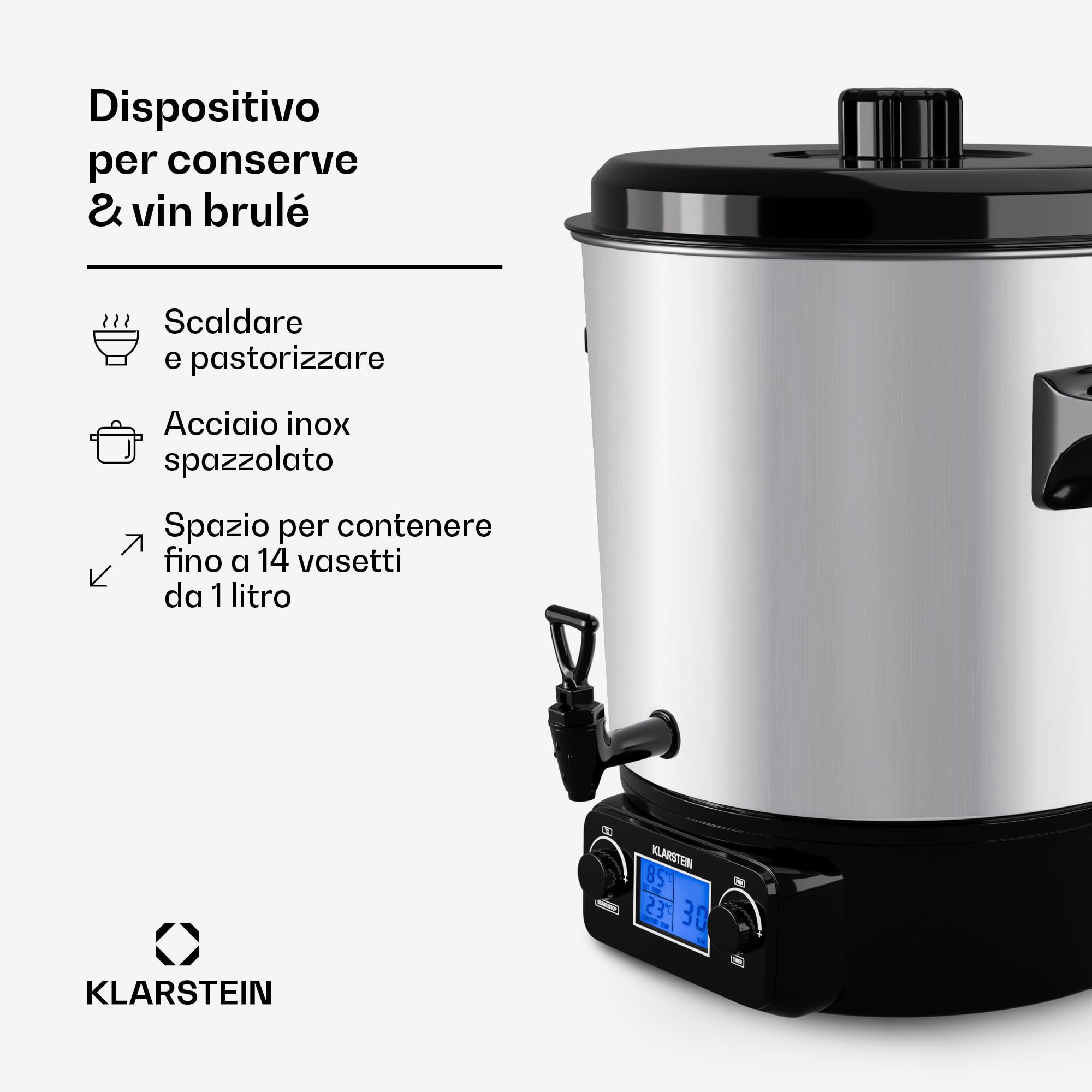 Klarstein Biggie Digital - pentola da infusione, pentola da conserva, apparecchio per il vin brulé, 27 litri, 2 w, temperature programmabile, tempo regolabile a 12 minuti, argento
