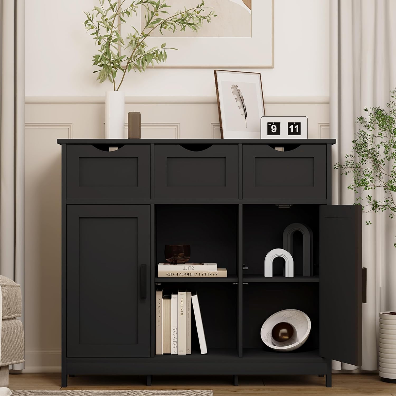 Modern Black Storage Cabinet with 3 Drawers for Storage, Farmhouse Floor Cabinet with Shelves for Living Room