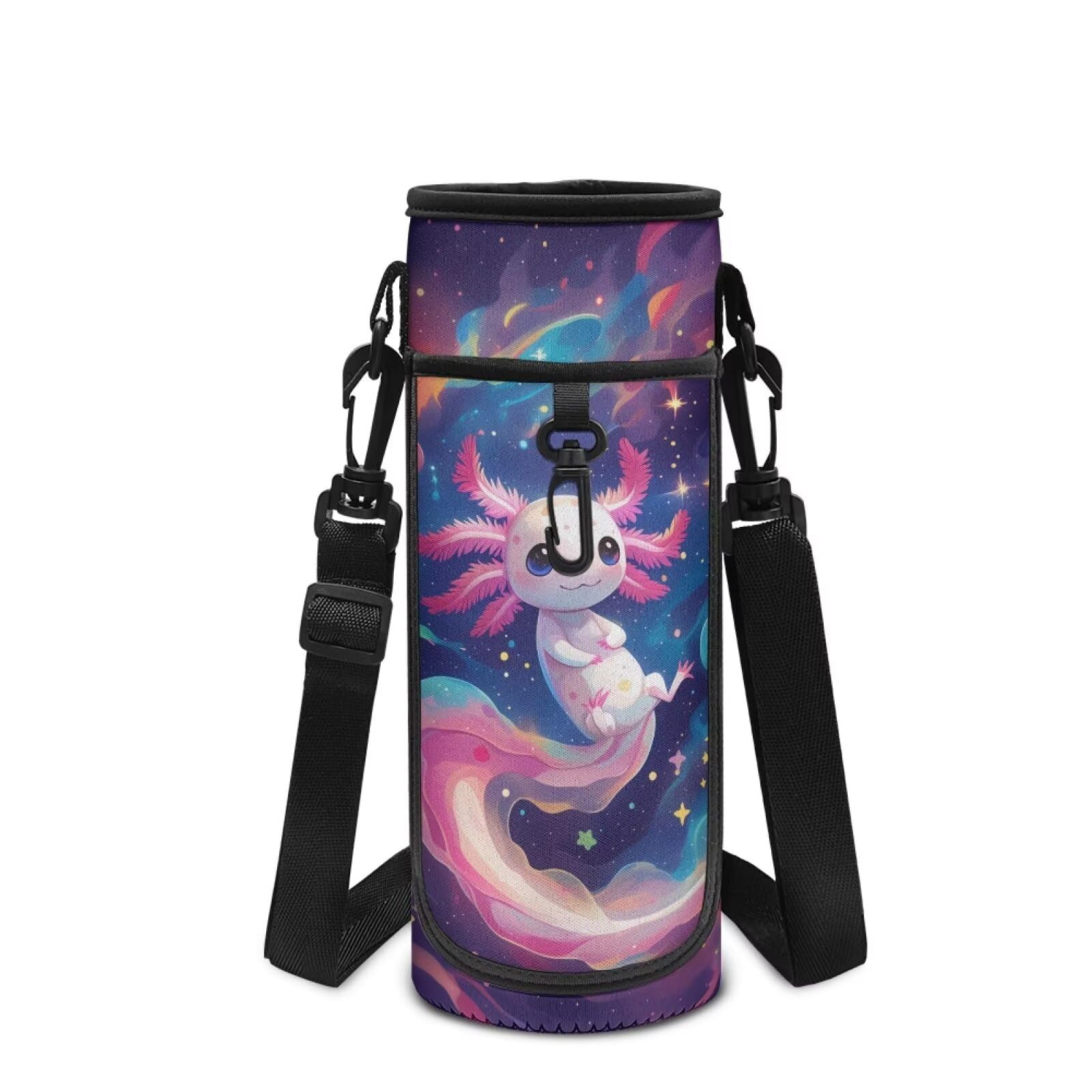 Howilath Star Axolotl Water Bottle Carrier for Kids Back to School Neoprene Sleeve Sports Water Bottle Holder with Shoulder Strap
