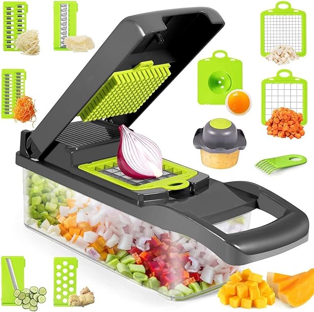 T-GOGO Mandoline szatkownica do warzyw, 15 w 1 regulowana, wielofunkcyjna szatkownica do warzyw, tarka do cebuli, tarka do warzyw, ze stali nierdzewnej z koszem odpływowym