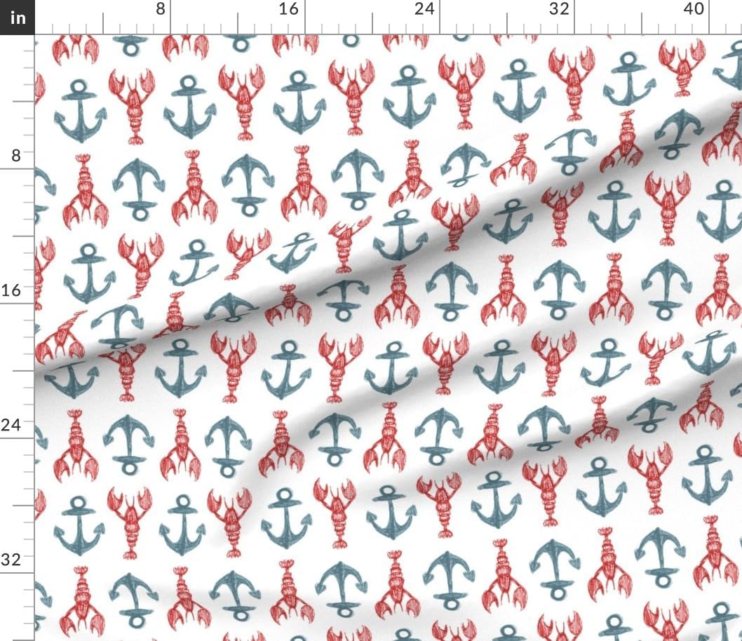 Spoonflower Fabric - Nautical Lobster Anchor Coastal Blue Red Hand Drawn Sketch New England Printed on Petal Cotton Fabric Fat Quarter - Sewing Quilting Apparel Crafts Decor