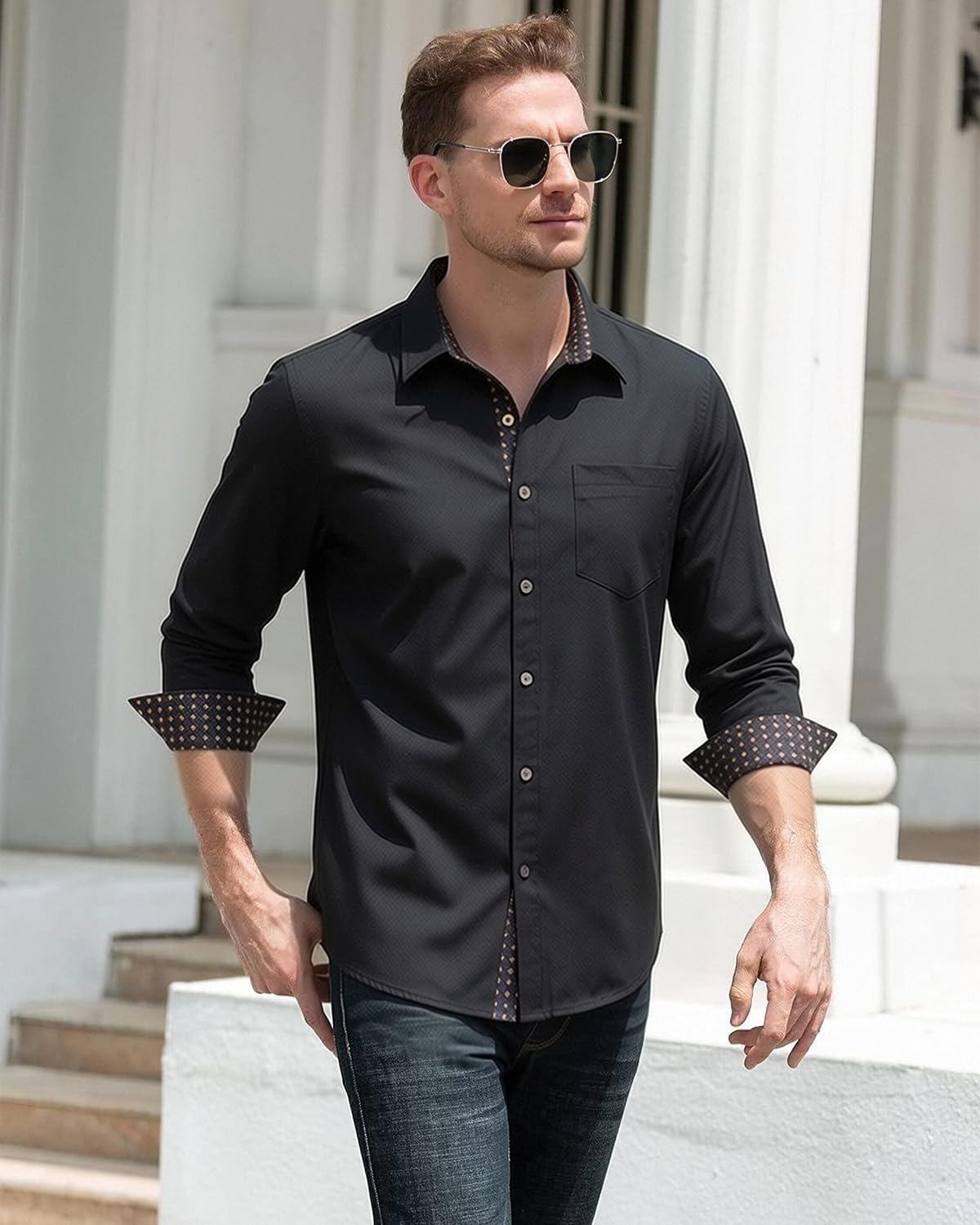 Hi-Tie Men's Wrinkle Free Inner Contrast Jacquard Long Sleeve Button Down Shirt