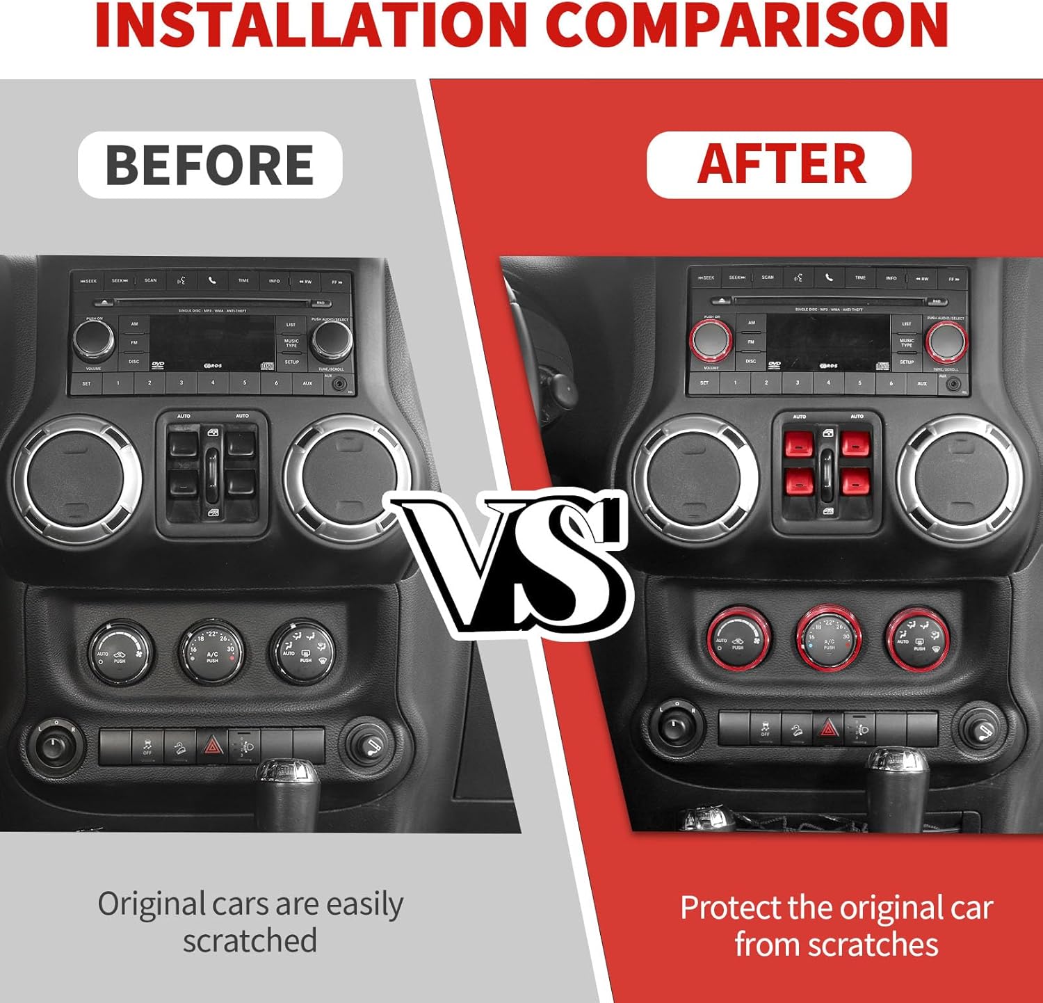 Jimen Fit for Jeep Wrangler JK JKU 2012-2018, 9PCS Center Console AC Air Conditioner Control Knob Trim & Radio Volume Knob Ring & Window Switch Button Cover (Red)