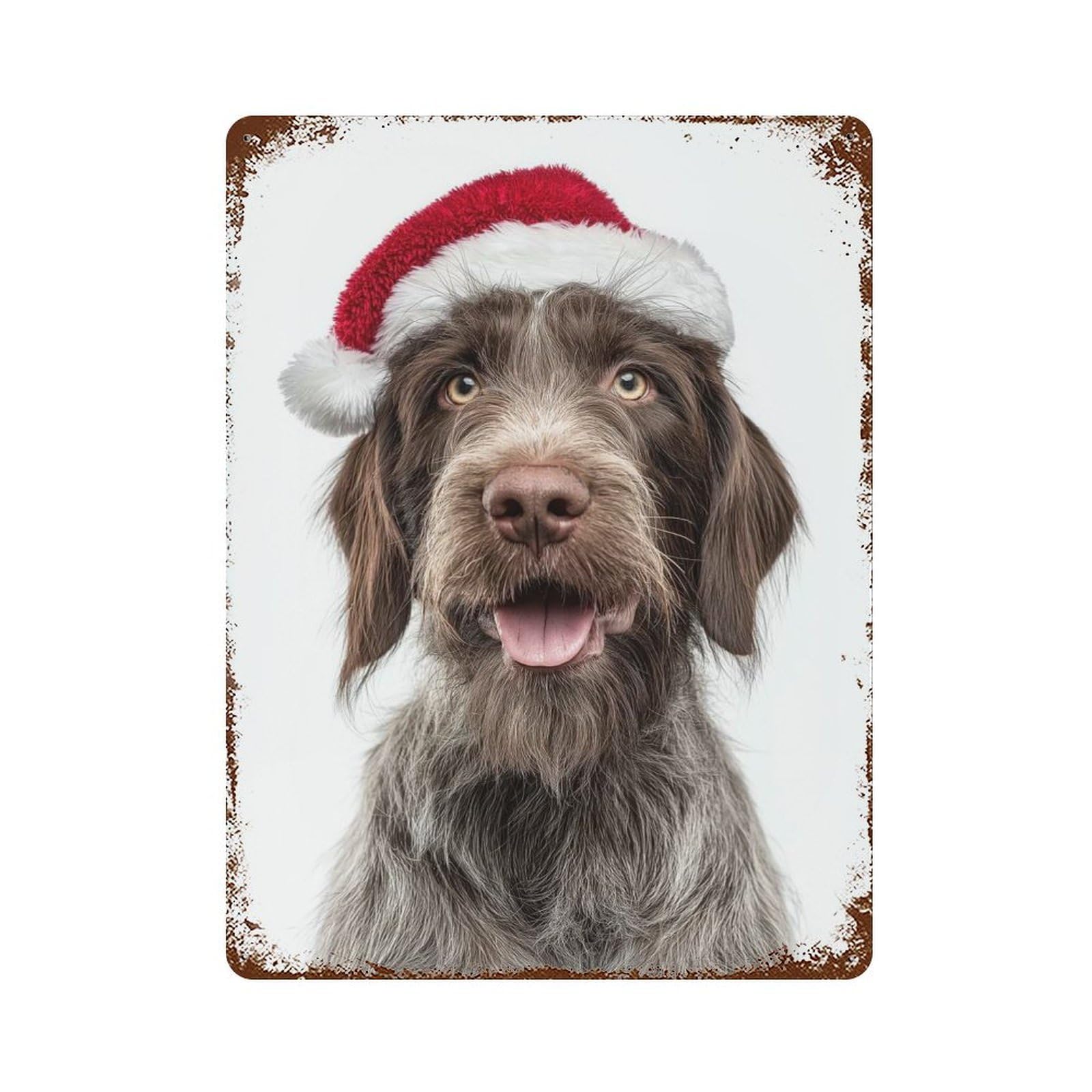 Rust Effect Wirehaired Pointing Griffon Dog with Santa Hat Portrait Distressed Metal Wall Sign 15.7"x11.8", Decorative Metal Wall Art for Living Room, Hallway And Home Decor
