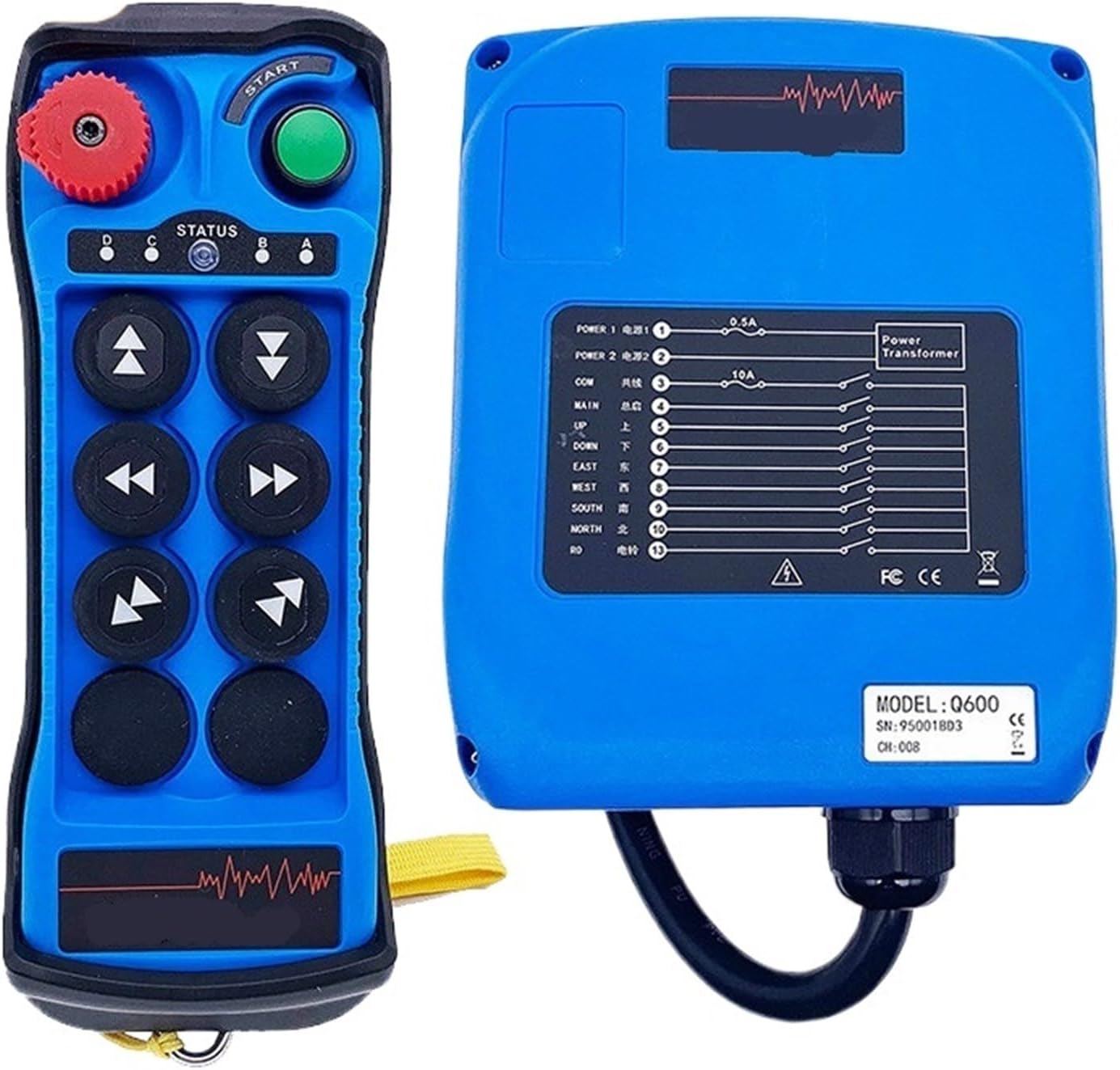 Q600 6-Buttons Industrial Remote Control High Sensitivity Large Instrumen Travelling Crane Lift Hoist Truck Wireless Switch(Blue,1TX1R_ACDC24-264V)