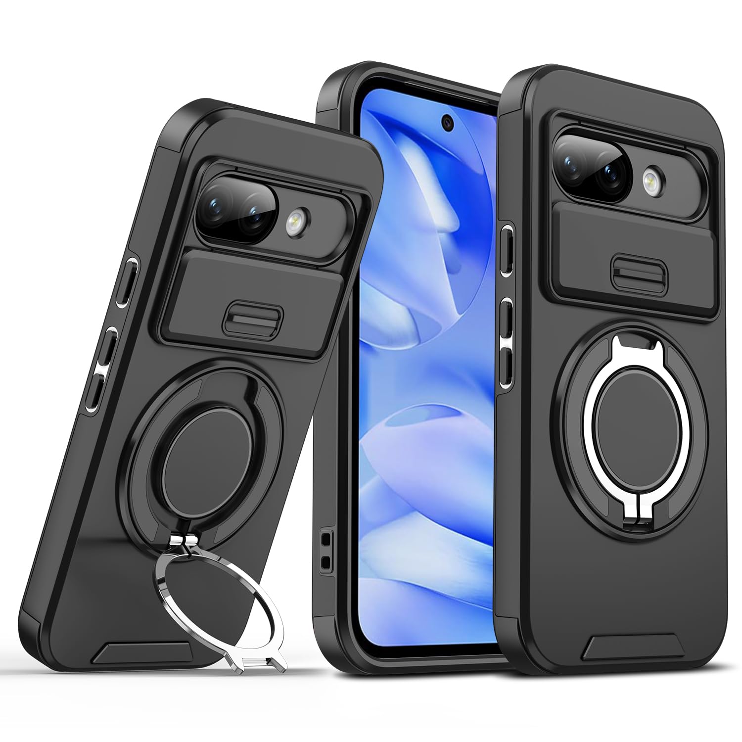 NKECXKJ Google Pixel 9a 用 ケース+ グーグルピクセル9a ガラスフィルム付属 360°回転 リング スタンド機能 マグネット搭載 ピクセル9a googleピクセル9a ぐーくるぴくせる9a スマホケース 耐衝撃 スライド式 カメラ保護 背面 カバー（ブラック)