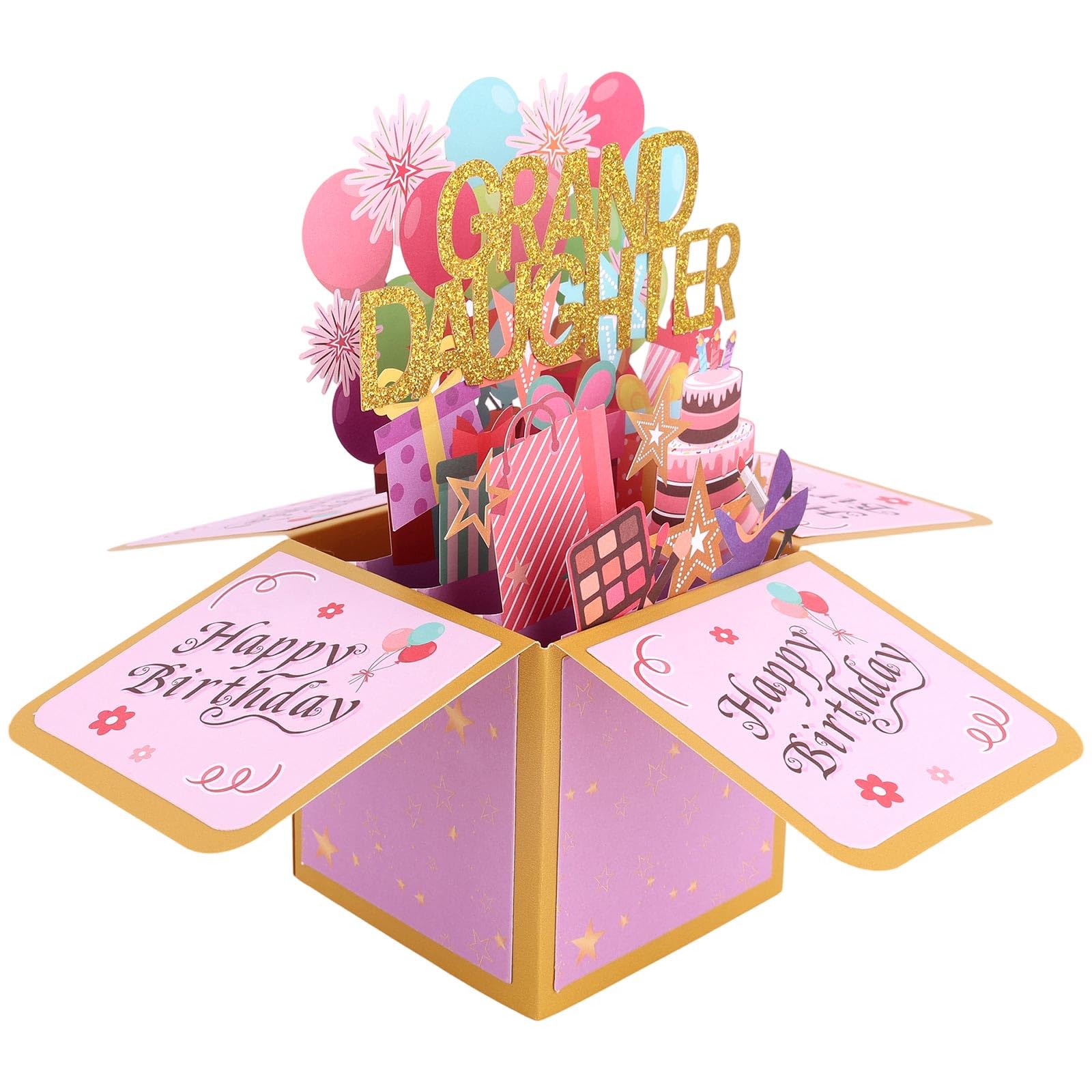 Birthday Pop Up Card for Granddaughter, Multicolored Fireworks Balloons 3D Greeting Card with Envelope Thoughtful Gift for Grand-Daughter from Grandparents
