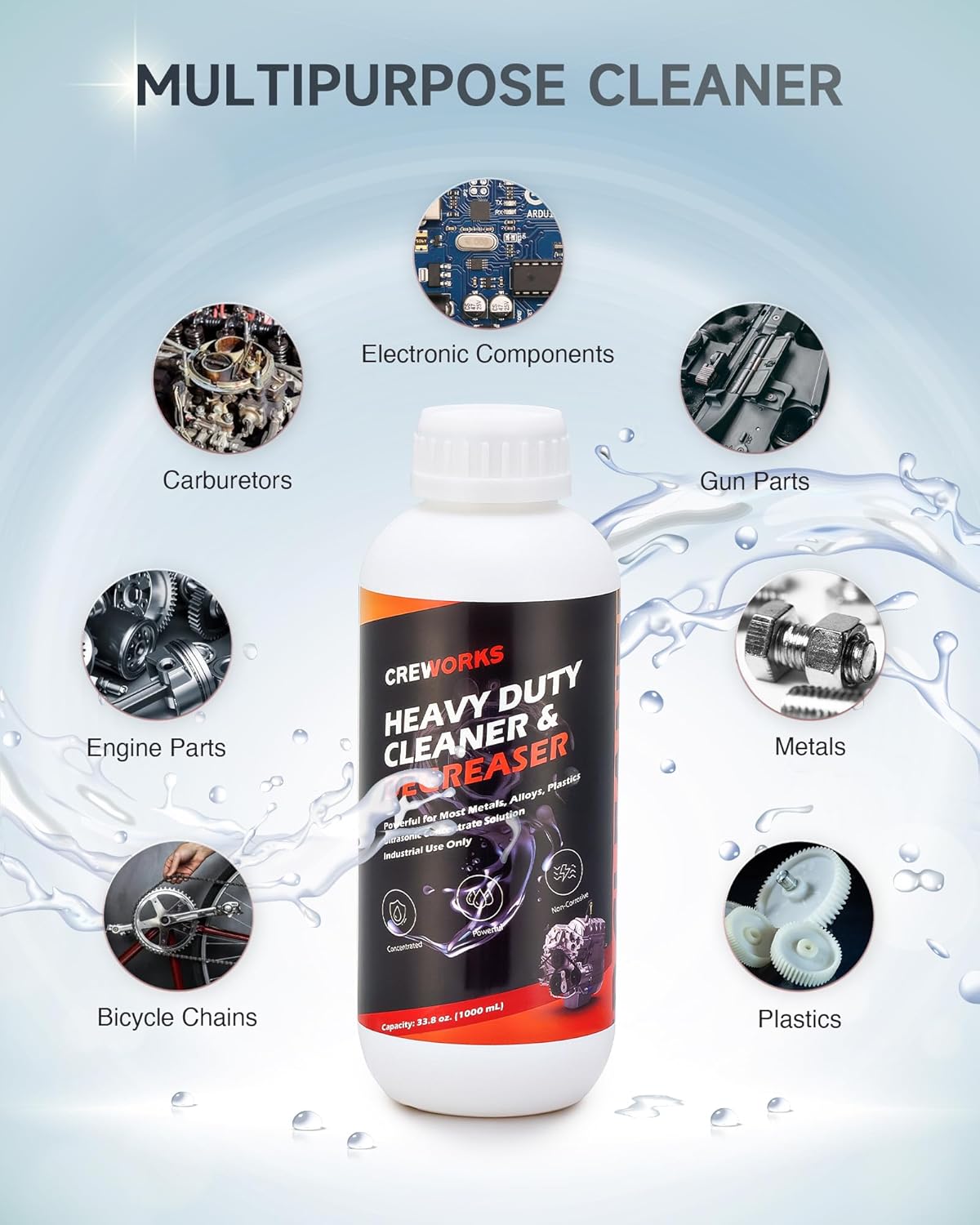CREWORKS Heavy Duty Cleaner & Degreaser bottle with examples of items it can clean