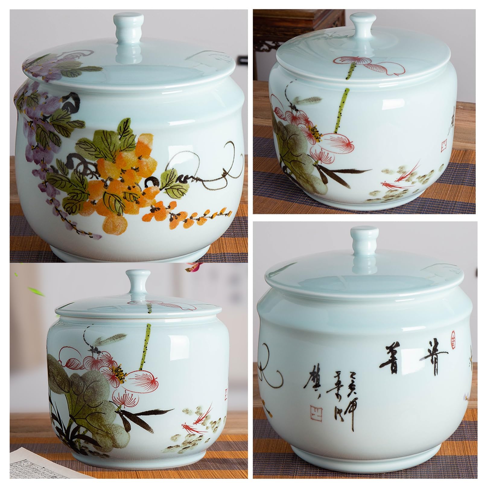 Duży ceramiczny słoik na ryż, ceramiczne wiaderko na ryż do użytku domowego, ceramiczny cylinder na ryż z pokrywką, ceramiczny pojemnik na ryż(Blue B,35.4x28.3cm/13.9x11.1in)