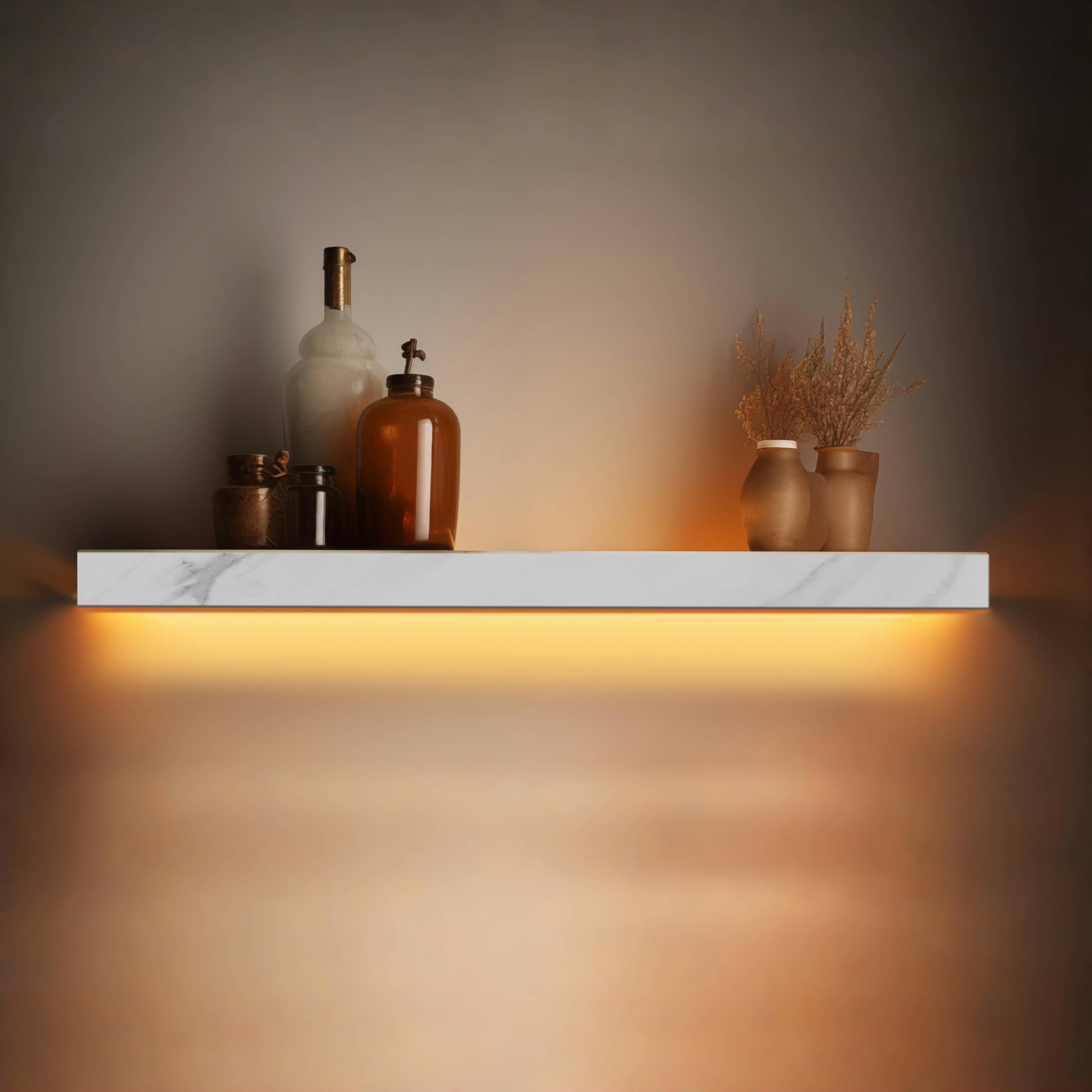 floating storage wall rack,Suitable for living room, bedroom, bathroom, kitchen?White marble texture, induction LED light (Induction LED warm light 21.6 inches)