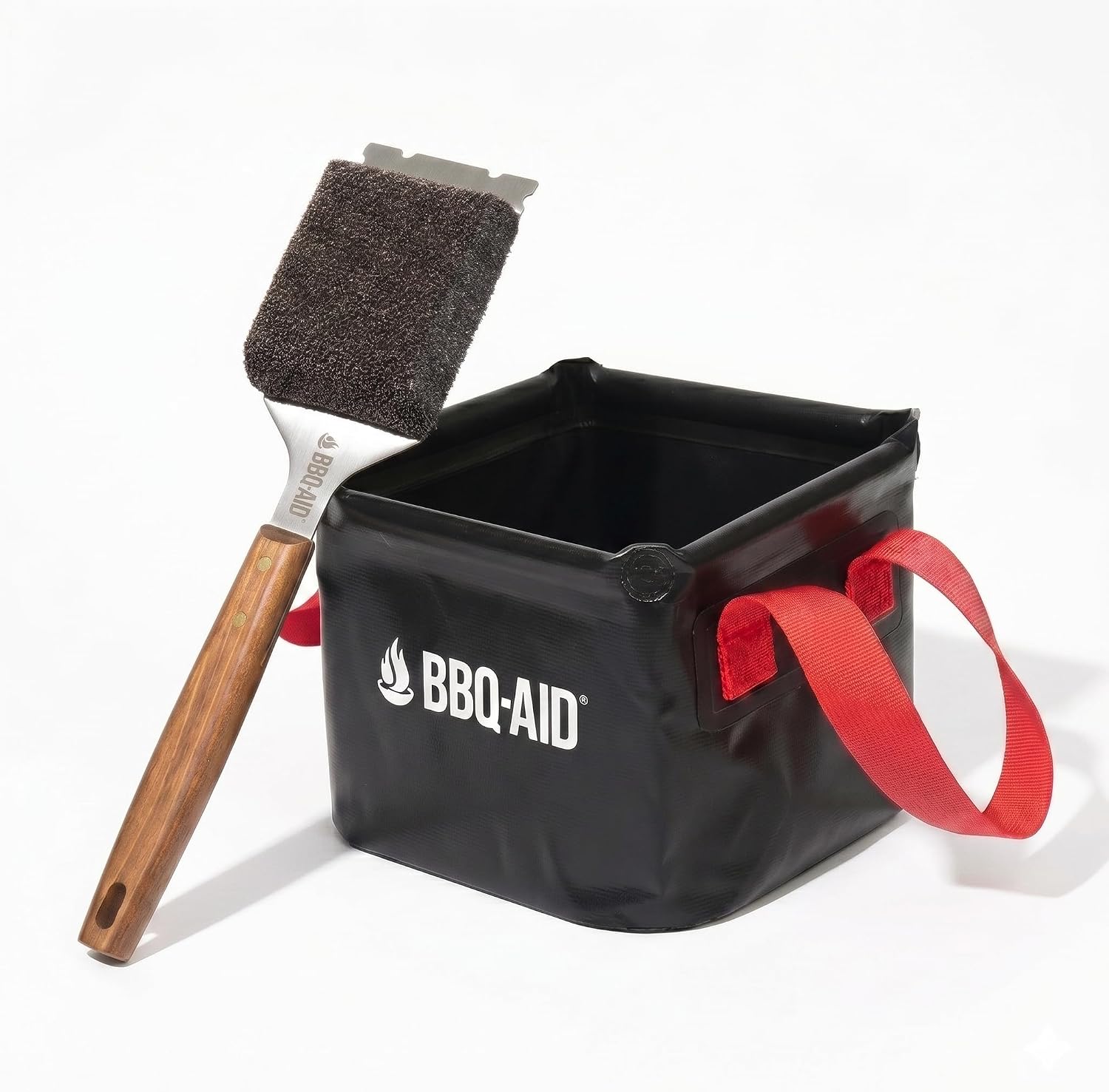 BBQ-AID Grill Cleaning Bundle – Includes Extended Large Wooden Handle Bristle Free Grill Brush & Collapsible Steam-Clean Dunk Basin – No Scratch BBQ Scraper Set for Outdoor Grill