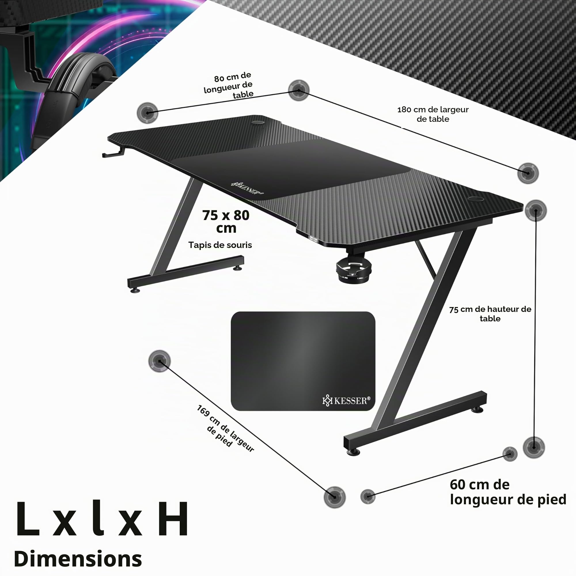 KESSER® Table de Jeu - 180 cm x 80 cm - Bureau Gamer en Forme de Z - Crochet pour Casque et revêtement en Carbone - Bureau d'ordinateur Ergonomique - Table Stable avec Porte-gobelet - Noir