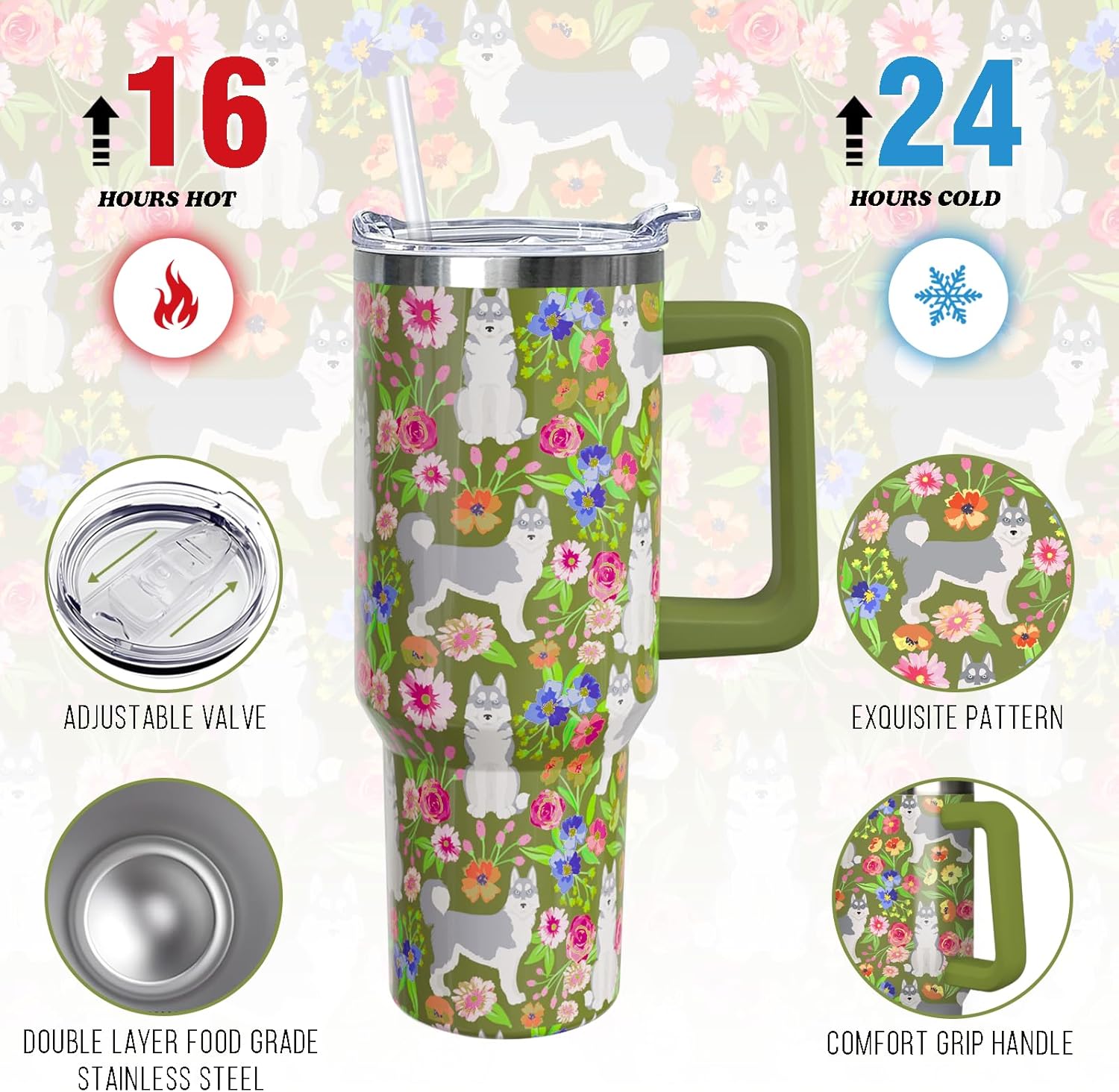 40 oz Husky Tumbler with Handle, Insulated Stainless Dog Tumbler Coffee Travel Mugs Cup Water Bottle Husky Lovers Gifts for Women Girls - Image 2