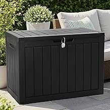 Olsen & Smith 170L Lockable Outdoor Garden Plastic Storage Box Container Chest - Small Lawn Balcony Furniture, Weather Resistant, Wood Panel Effect (Black)