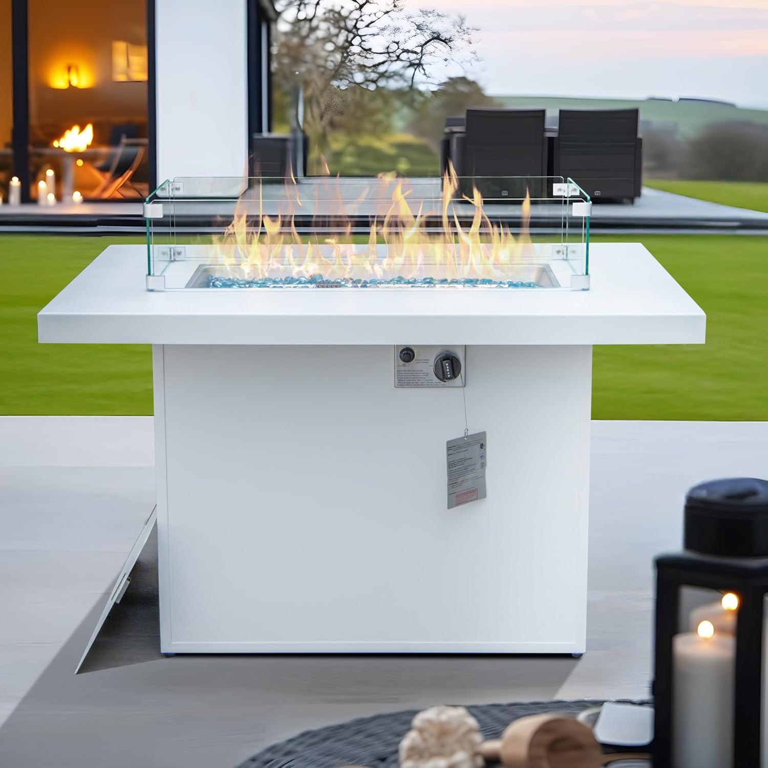BULEXYARD 43" Aluminum Outdoor Propane Fire Pit Table, 60,000 BTU Rectangular Firepit Coffee Table with Wind Guard & Glass Stone, Large CSA Safety Approved Fireplace for Backyard Deck Garden, White