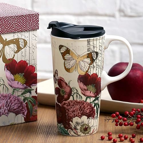 Miniatura 2 de Topadorn Taza de café de cerámica de 17 onzas con tapa y caja de regalo, flor roja y mariposa