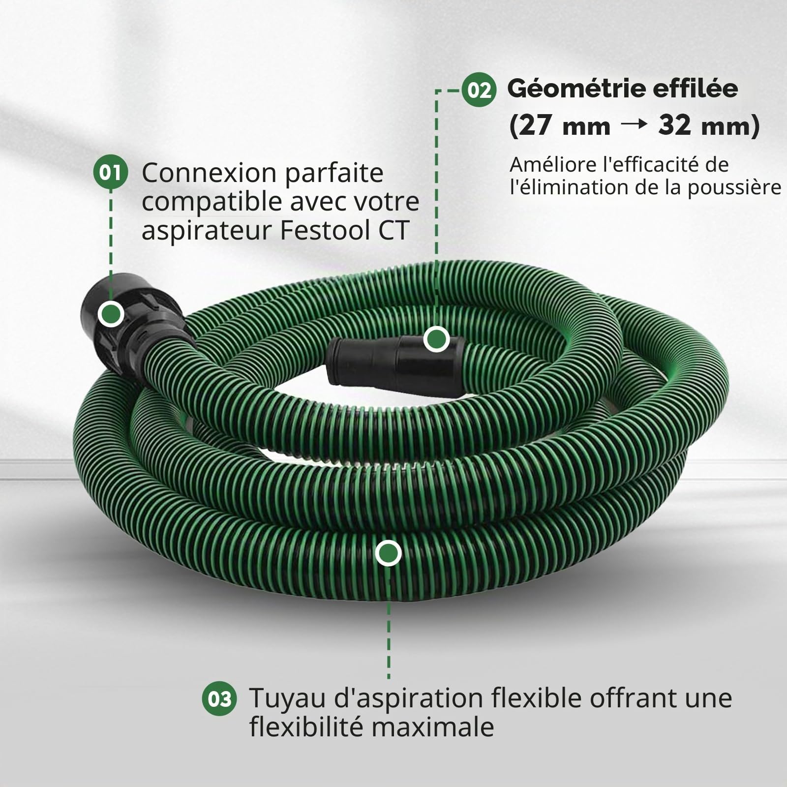 5 m Tuyau d’Aspiration de Poussière Compatible avec Festool CT 26/36/48, CT 15/25, CT Mini & CT Midi à partir de 2019, D27 (Ø35 mm) Tuyau d’Aspiration pour Ponceuses et Systèmes d’Aspiration