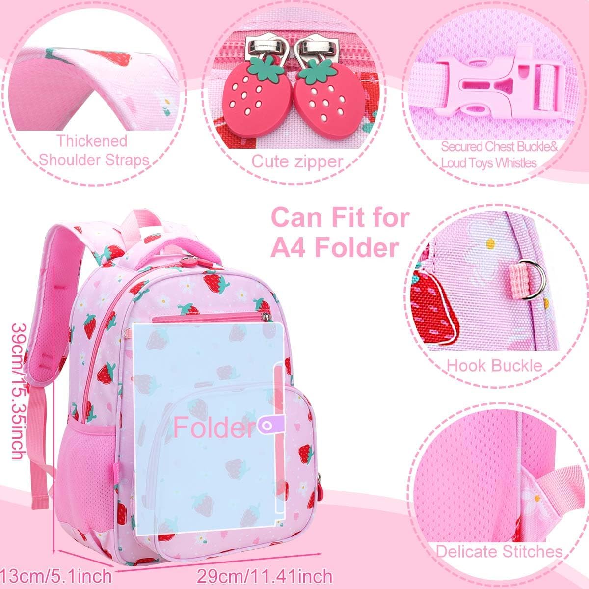 RHCPFOVR Kids Backpack for Girls - Girls Backpack 3-8 Ages Strawberry for Kids 15 Inch School Bookbag for Kindergarten Elementary School Bookbag for Girl 1st 2nd Grade - Image 6