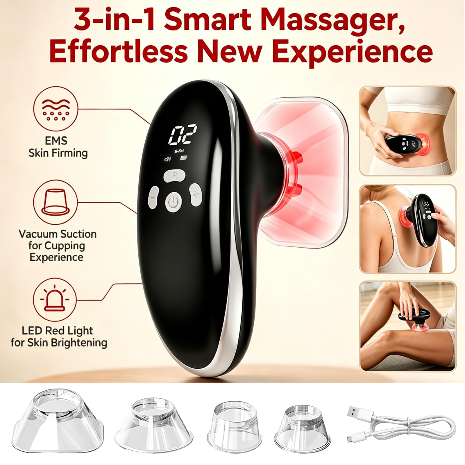 Masajeador eléctrico 3 en 1 con EMS y luz roja, masajeador eléctrico inalámbrico con 10 niveles de intensidad y 4 cabezales intercambiables, dispositivo anticelulitis para abdomen, piernas, brazos