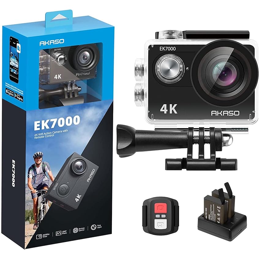 Immagine del prodotto AKASO EK7000 Action Cam 4K 30FPS, WiFi 20MP Fotocamera Subacquea, Videocamera Stabilizzata Caricabatterie con 2 Batterie, Angolo di 170°, Telecomando 2.4G, Accesorios Multiples per Bicicletta Casco