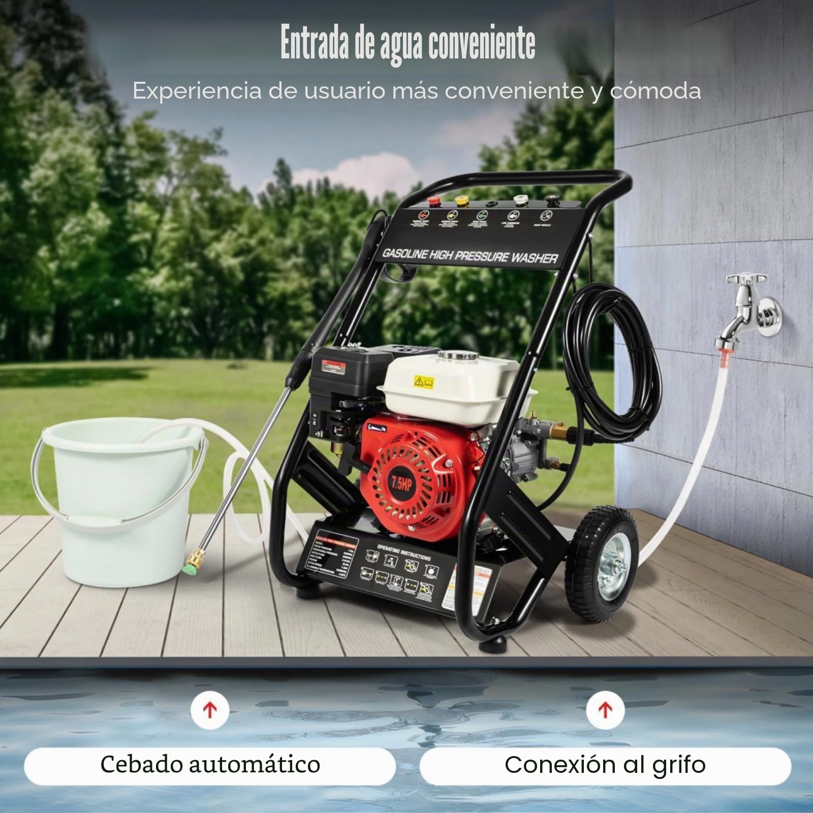 Limpiador de Alta Presión de Gasolina de 7,5 CV con Lanza de Alta Presión + 5 Boquillas + Kit de Manguera de 10m, Kit Profesional de Lavado a Presión Adecuado para Terrazas, Coches y Jardines