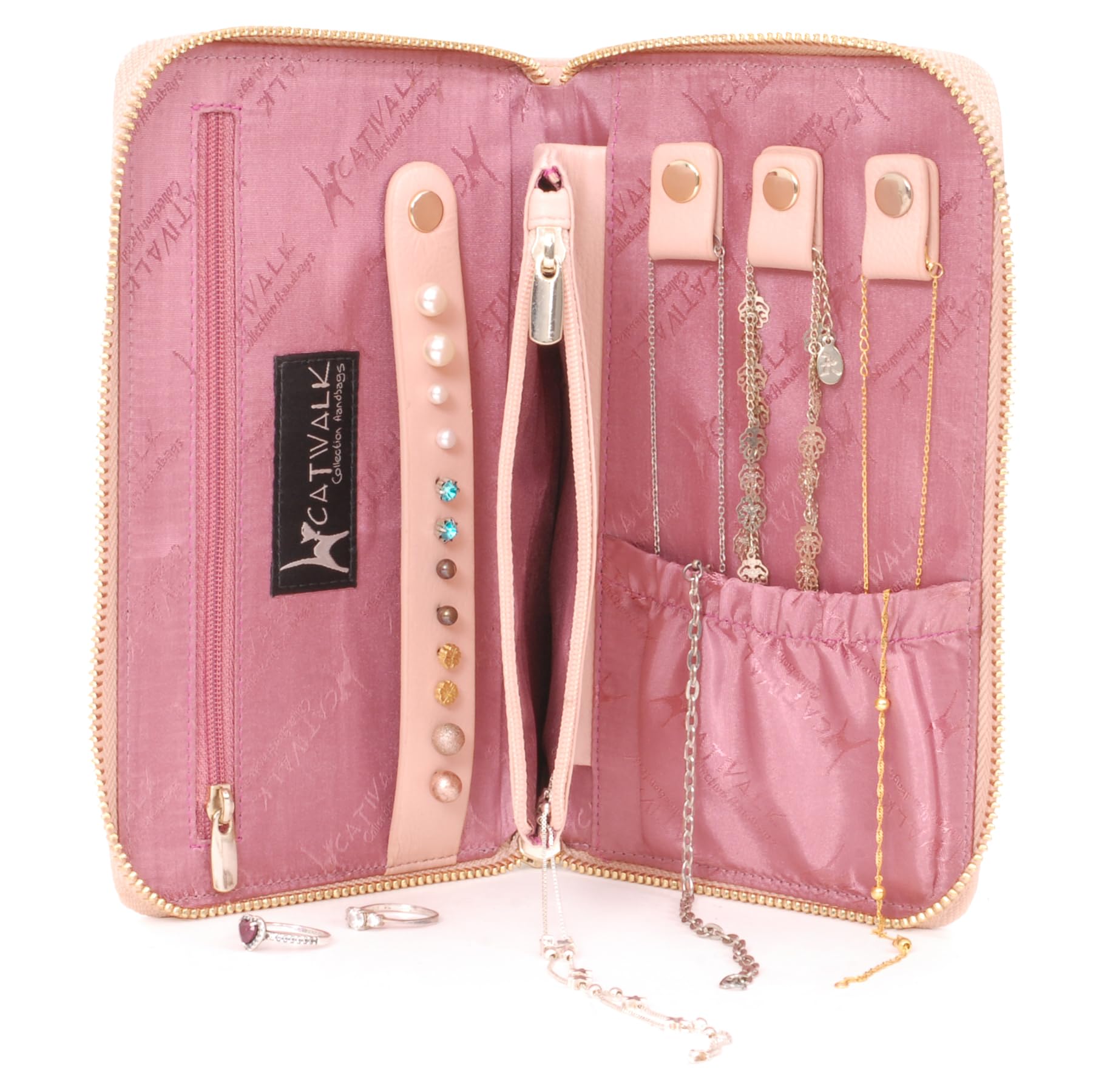 Catwalk Collection Handbags - Damen Schmuckbeutel Klein - Schmucktasche/Schmucketui für Reise - Mit Reißverschluss - Pippa - Rosa