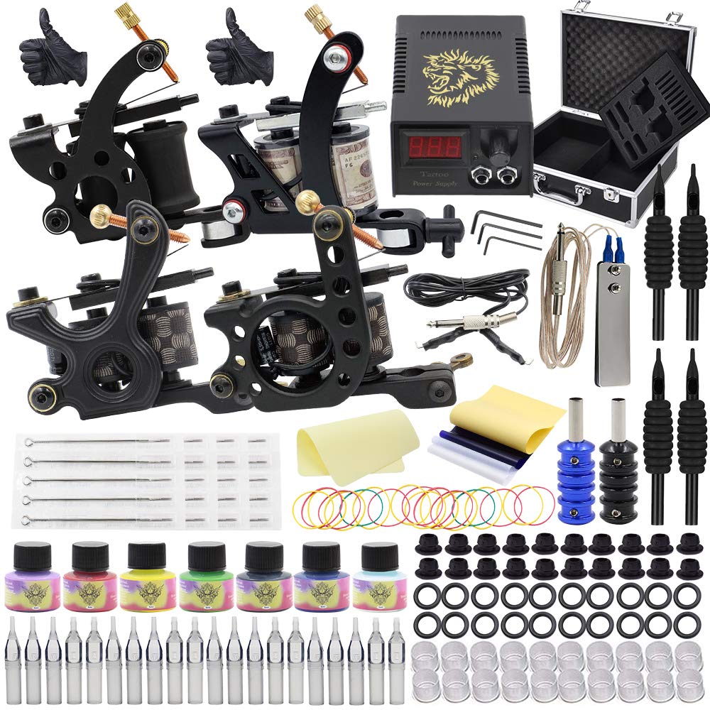Autdor Tattoo Kit - 147Pcs Complete Tattoo Machine Kit Including Tattoo Machine Gun 7 Color Tattoo Ink Tattoo Needles Tattoo Tips Grips Power Supply Tattoo Acessories for Beginners Tattoo Supplies