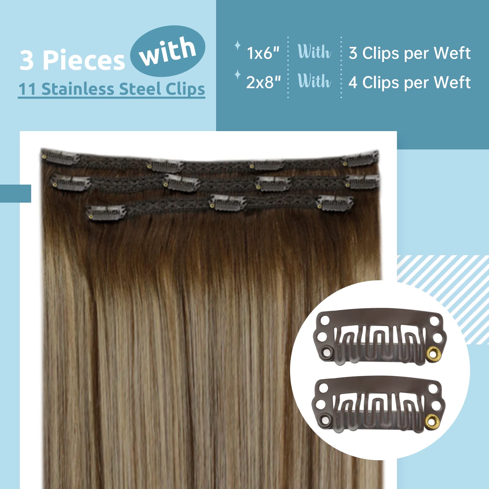 Fshine Extension Clip Capelli Veri 40.6cm 50g 3pcs Clip Estensione Capelli Umani Naturel Balayage Castano Medio Con Biondo Remy Clip Capelli Umani Lisci #4/27/4