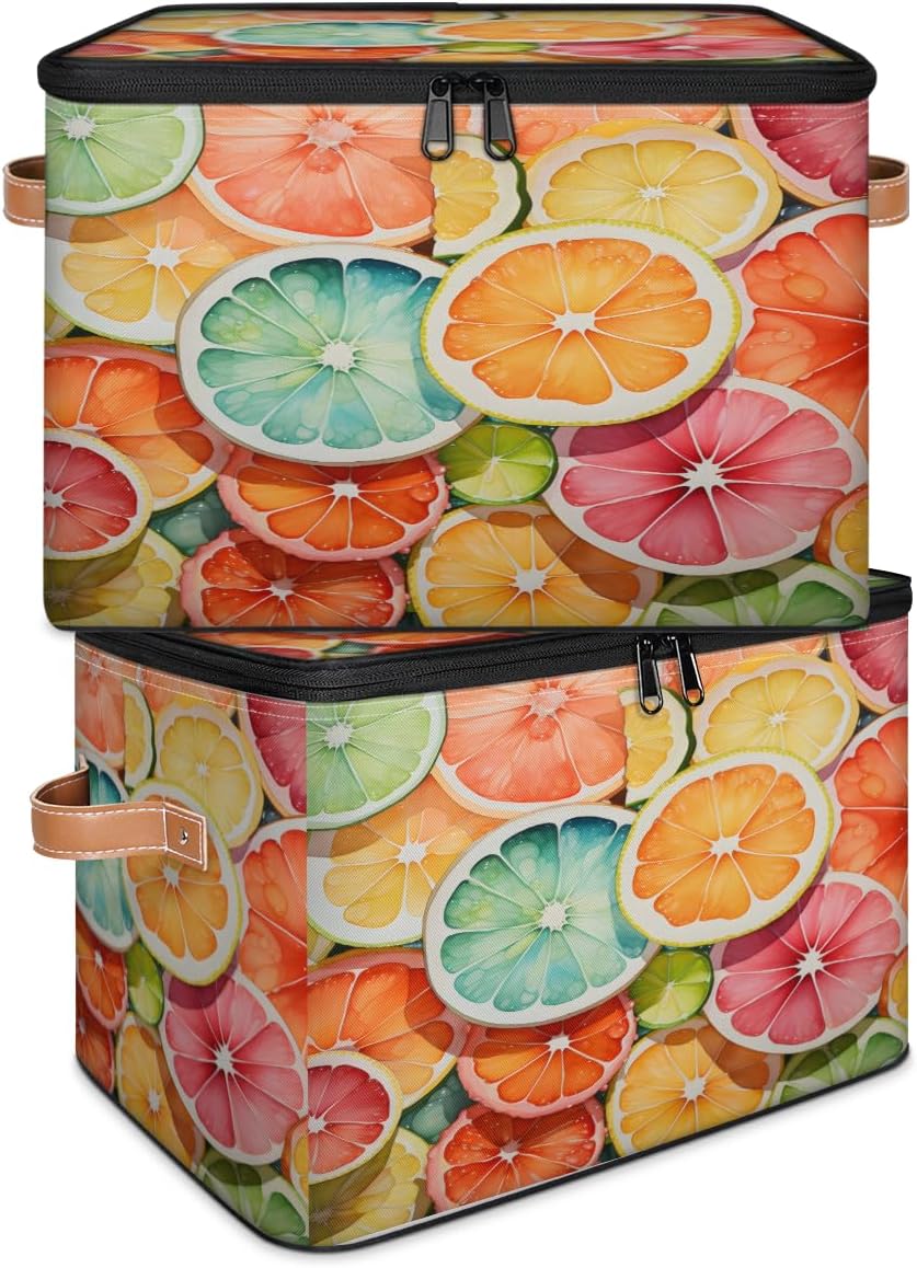 Storage Bin Set of 2 Rainbow Lemon Storage Basket with Zipper Lid & Handle Foldable Closet Shelf 2 Pack Cloth Organizer Basket Cube Bins Clothes Organizer for Bedroom, Nursery