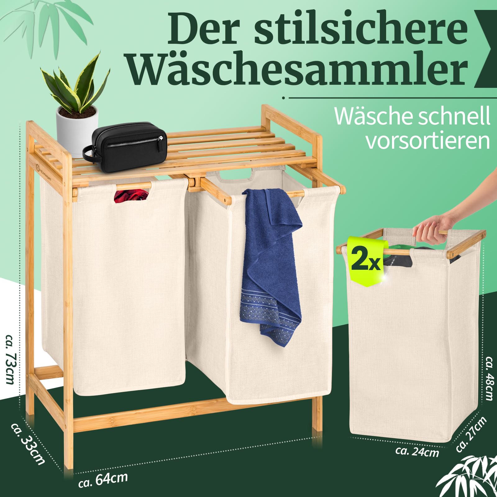 HEIMWERT Wäschekorb Holz Wäschesammler Bambus - Für ein schönes Zimmer und perfekte Ordnung - Aufbewahrungskorb Regal Korb laundry baskets ausziehbarer Wäschekorb mit Deckel und 2 Fächer (beige)