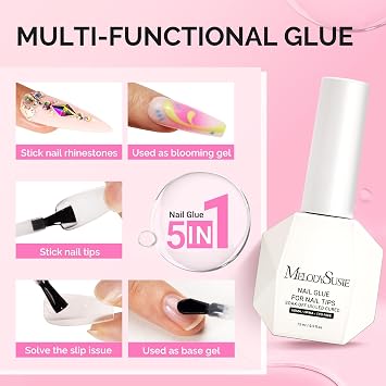 MelodySusie 3Free 5 in 1 Nail Glue Gel for False Nail Tips | NO Hema HPMA TPO,Sticky and Strong Adhesion,Rhinestone,Blooming Gel,Base Coat,UV Lamp Curing Needed,2 Pcs 15ml