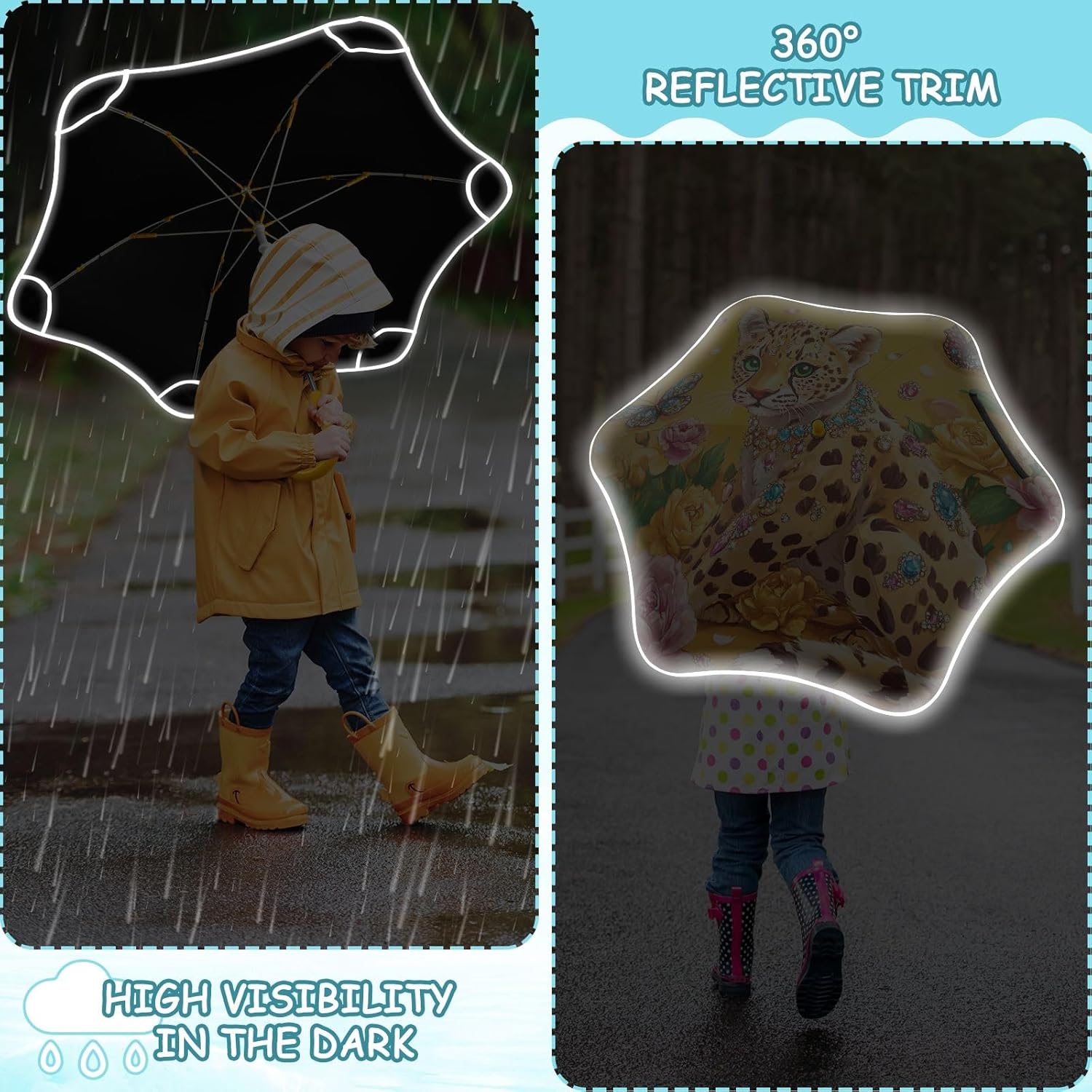 ODAWA Leopard Rose Yellow Stick Umbrellas for Kids with Reflective Strip Rounded Corner Umbrellas for Rain Age 3-8