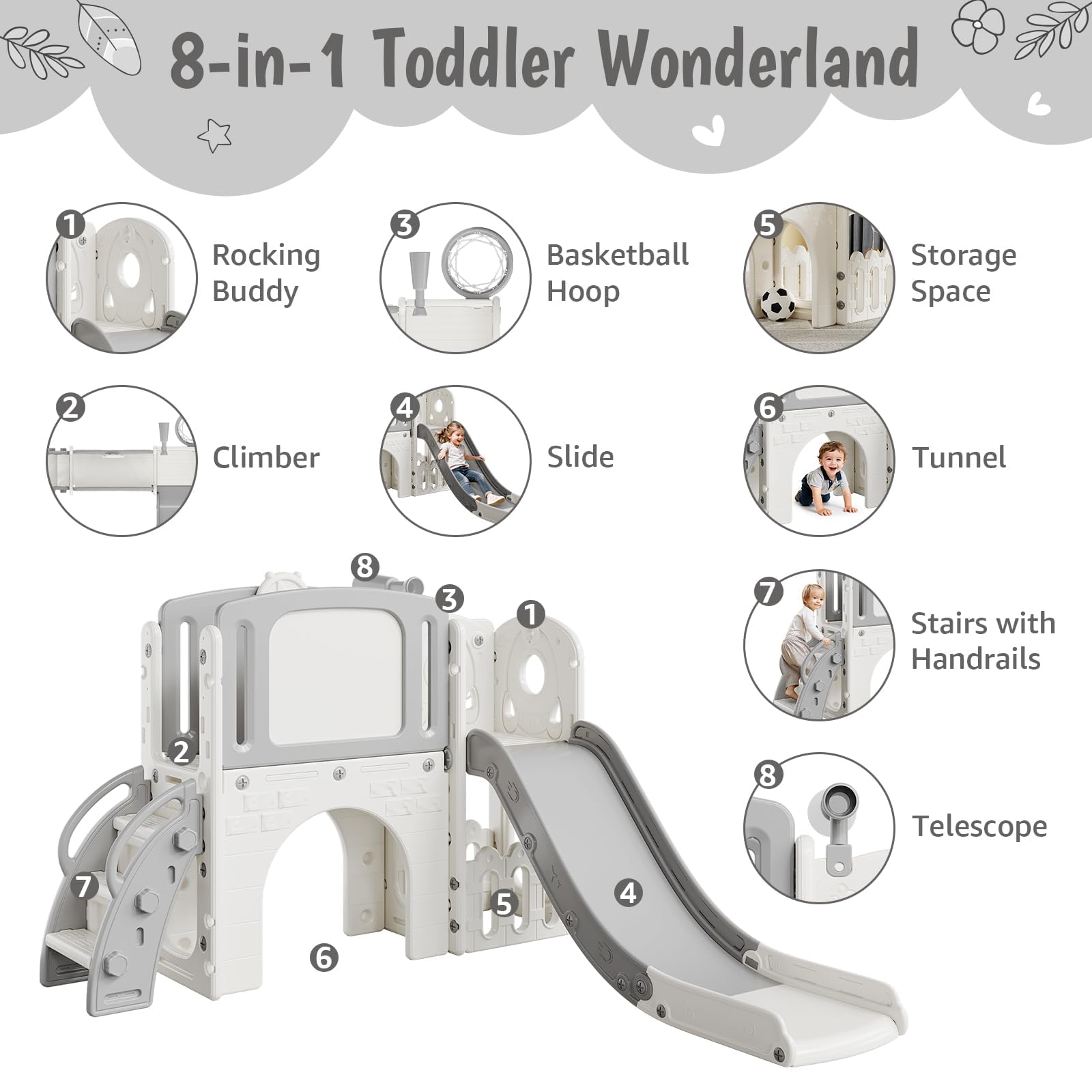 IDEALHOUSE 8-in-1 Rutsche Für Kleinkinder – Indoor & Outdoor Klettergerüst | Teleskop, Tunnel, Schaukel, Kletterelementen & Stauraum – Sicheres Spielplatz-Set für Jungen & Mädchen