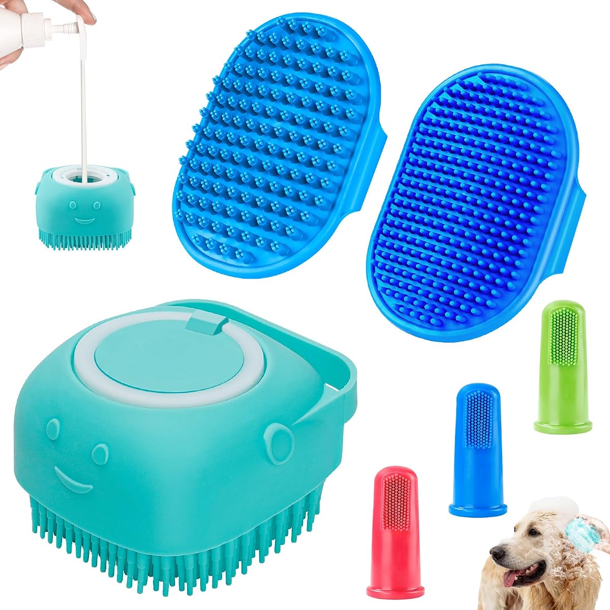 Comotech 6 cepillos de baño para perros y cepillo de dientes para perros | Cepillo de champú y estropajo con mango ajustable para perros y gatos de pelo corto y largo | Resuelva eficazmente los problemas de eliminación de olores y manchas (azul, azul, azul).