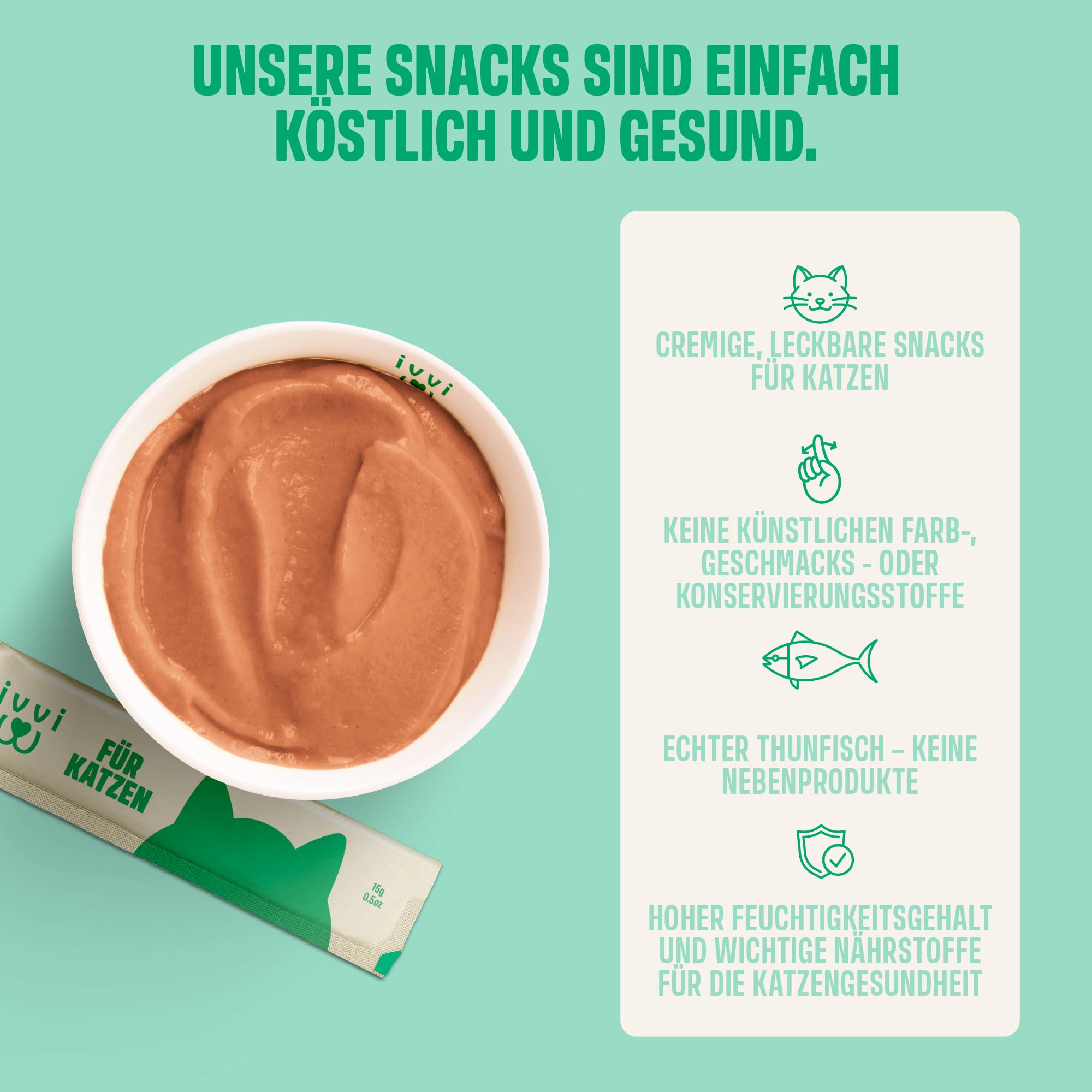 ivvi Verdauungs Essenz für Katzen – 30 cremige Schleck-Snacks mit Thunfisch, Kürbis, Leinsamen & Postbiotikum (aus Probiotika) – Verdauung, Darmflora & Wohlbefinden – ohne künstliche Zusätze – 450 g