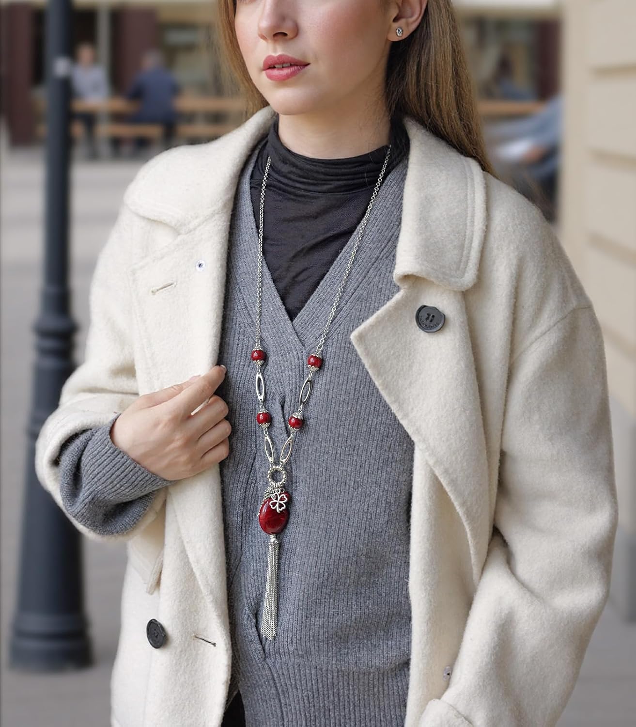 BULINLIN Long Chunky Pendant Necklaces for Women Silver Tassel Sweater Chain with Beaded Pendant Birthday Gifts for Mom Fashion Costume Jewelry - Image 4