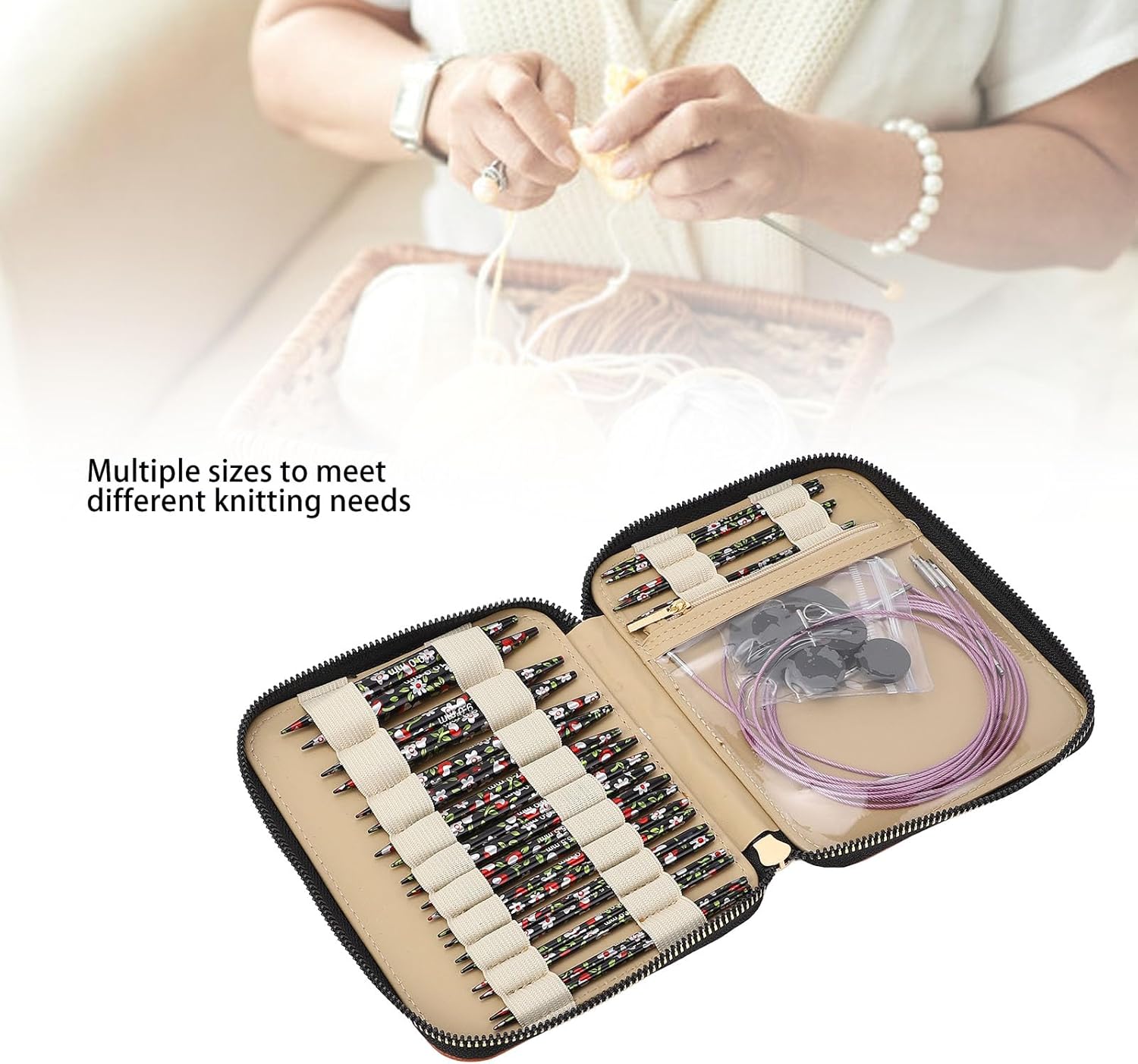 Dpofirs Interchangeable Knitting Needles Set, Circular Needles, 26 Pairs, 2 Adapters, 2 P Shaped Needles, 4 Buttons, 4 Cables, Aluminum, Brown PU Storage Bag