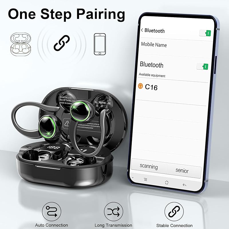 Matast Wireless Earbuds, 2026 Bluetooth 5.4 Headphones Sports, IP7 Headset with Earhook LED Display, 50 Playback Over Ear Buds with 4 ENC Noise Cancelling Mics image 4