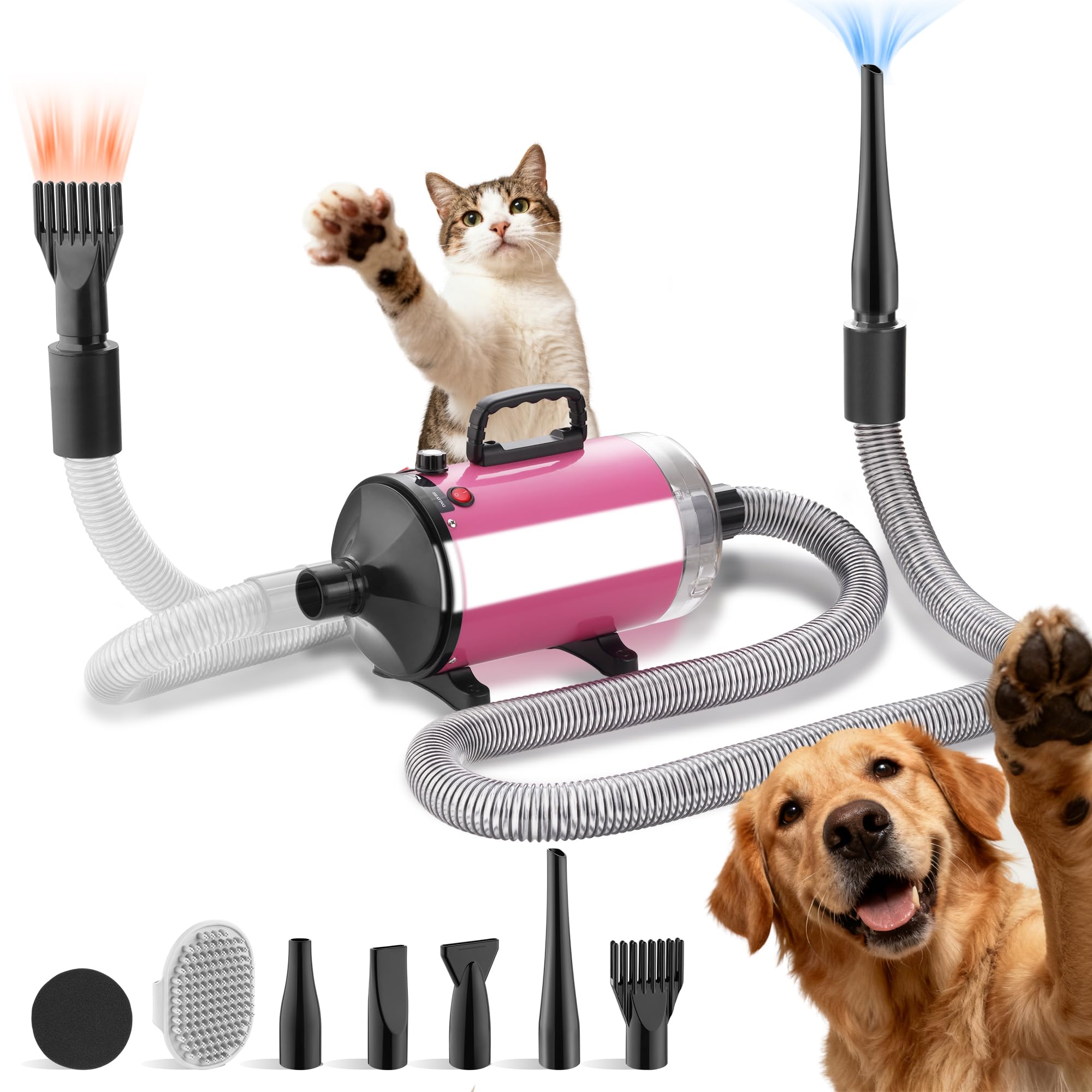 DEWINNER Asciugacapelli per cane Blower 3800 W, Pulsore per cani con aspirapolvere, velocità e temperatura regolabili, 5 ugelli, tubo elastico e spazzola di manutenzione