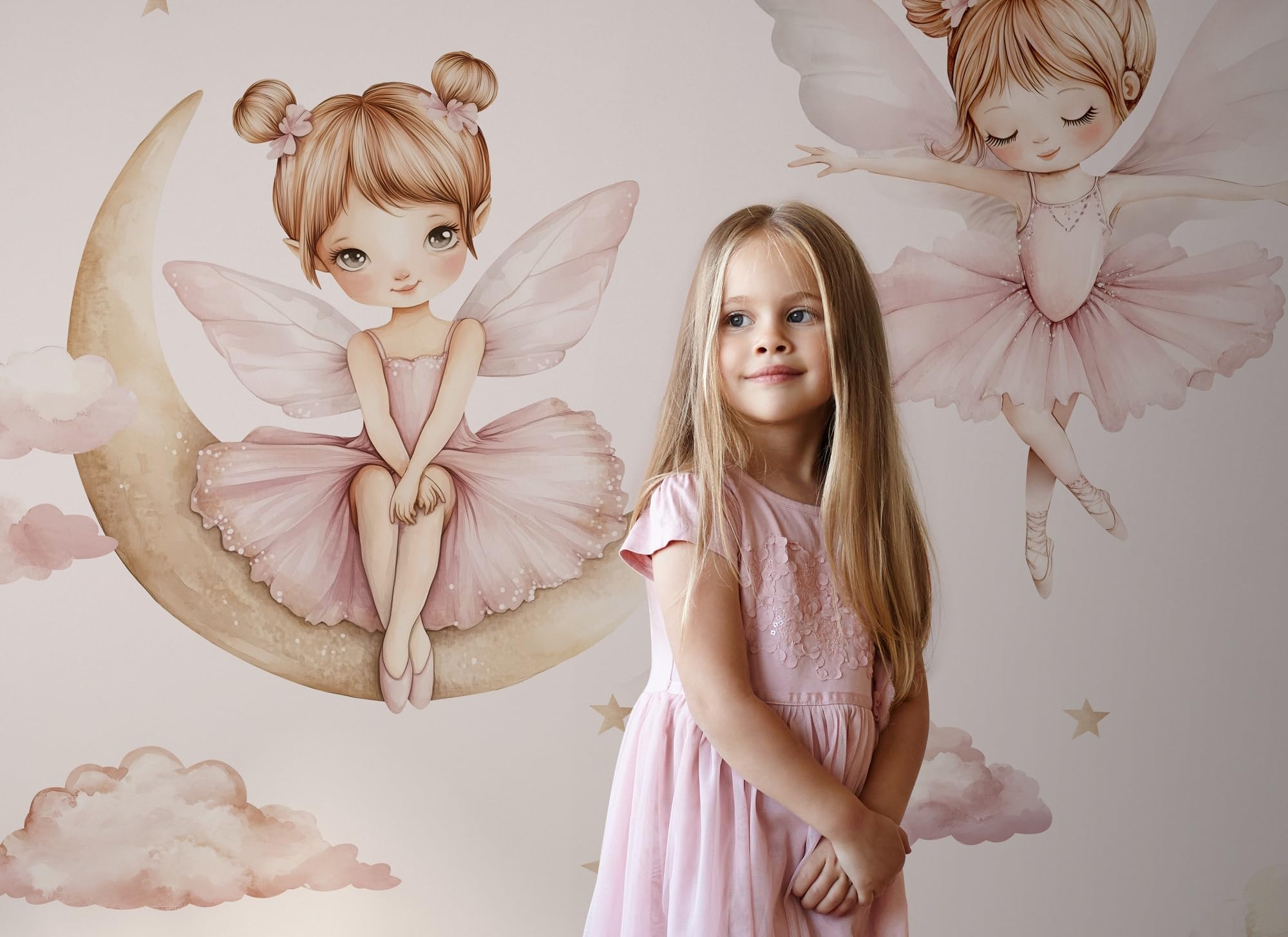 Wandtattoo Ballerinas | Kinderbilder Kinderzimmer Mädchen Aufkleber Osomhom | Süße Ballerina auf dem Mond und den Wolken (Ballerinas, XL)