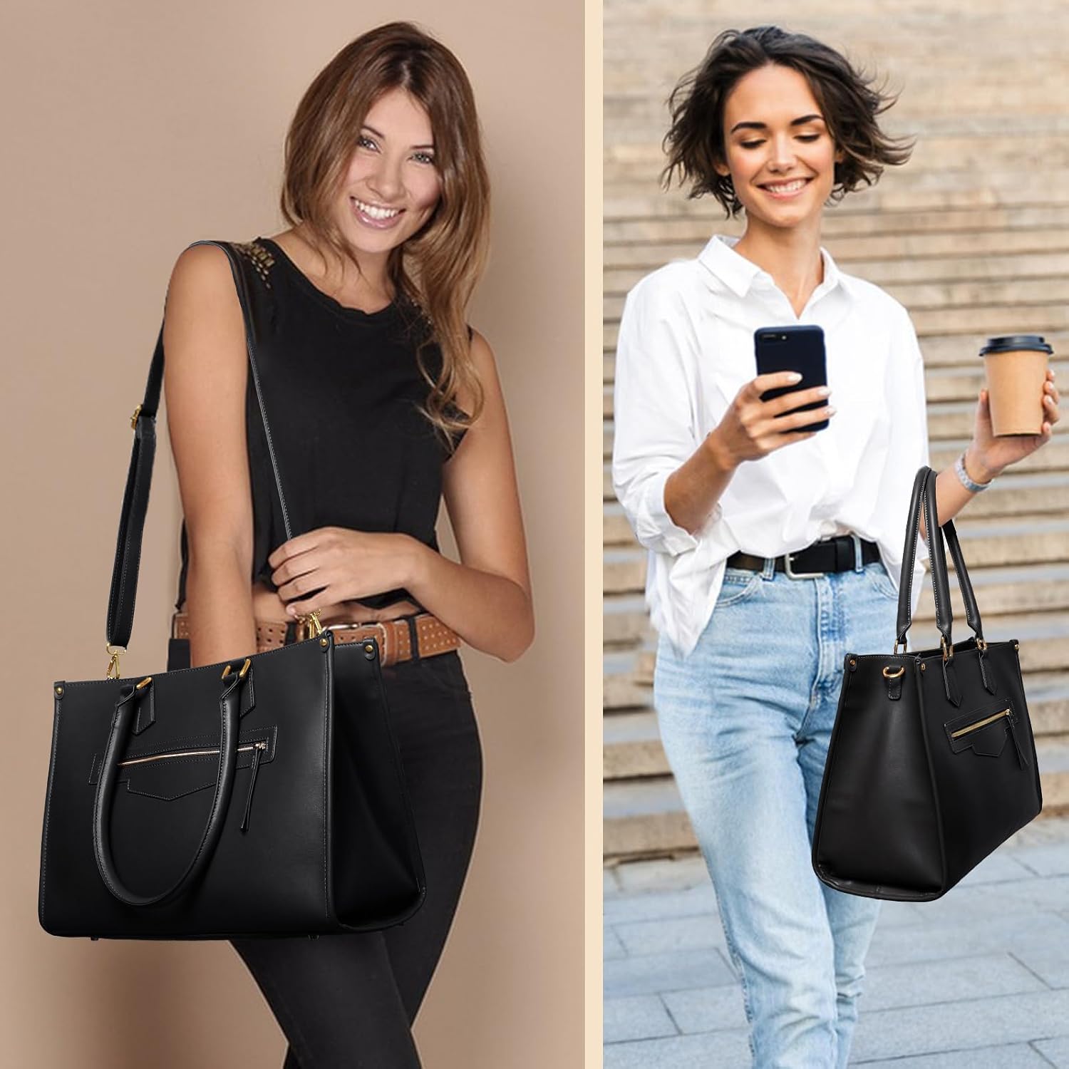 miss fong Lunch Tote Bag for Women - Large Capacity Lunch Box 2 in 1 Laptop Bag with Insulated Lunch Compartment Lunch Bag Laptop Work Tote Bag for Business, Teacher, Nurse, Casual, Travel-Black