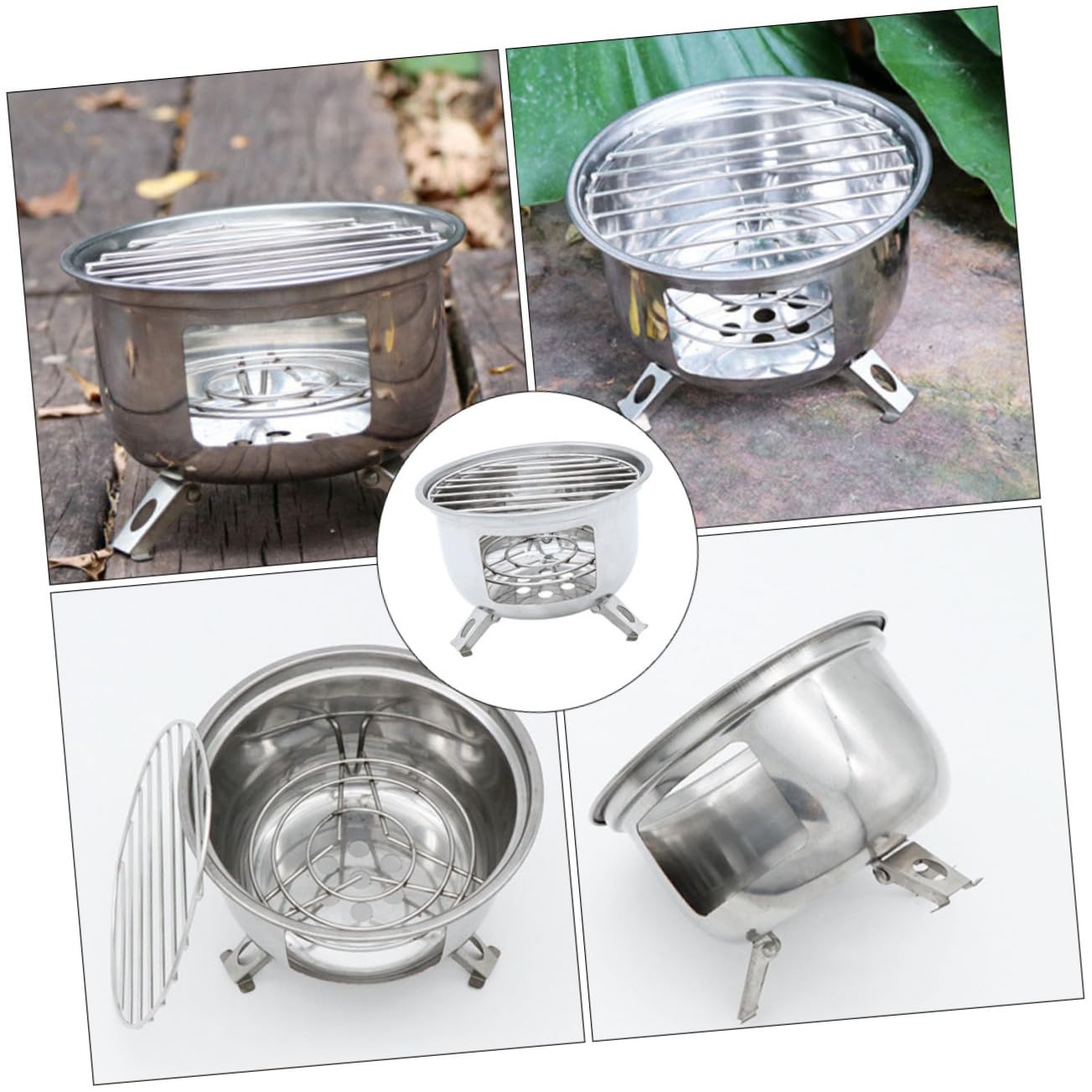 BESPORTBLE Barbecue da Campeggio Portatile Rotondo in Acciaio Inox, Resistente alla Ruggine, per Picnic e Feste All’aperto