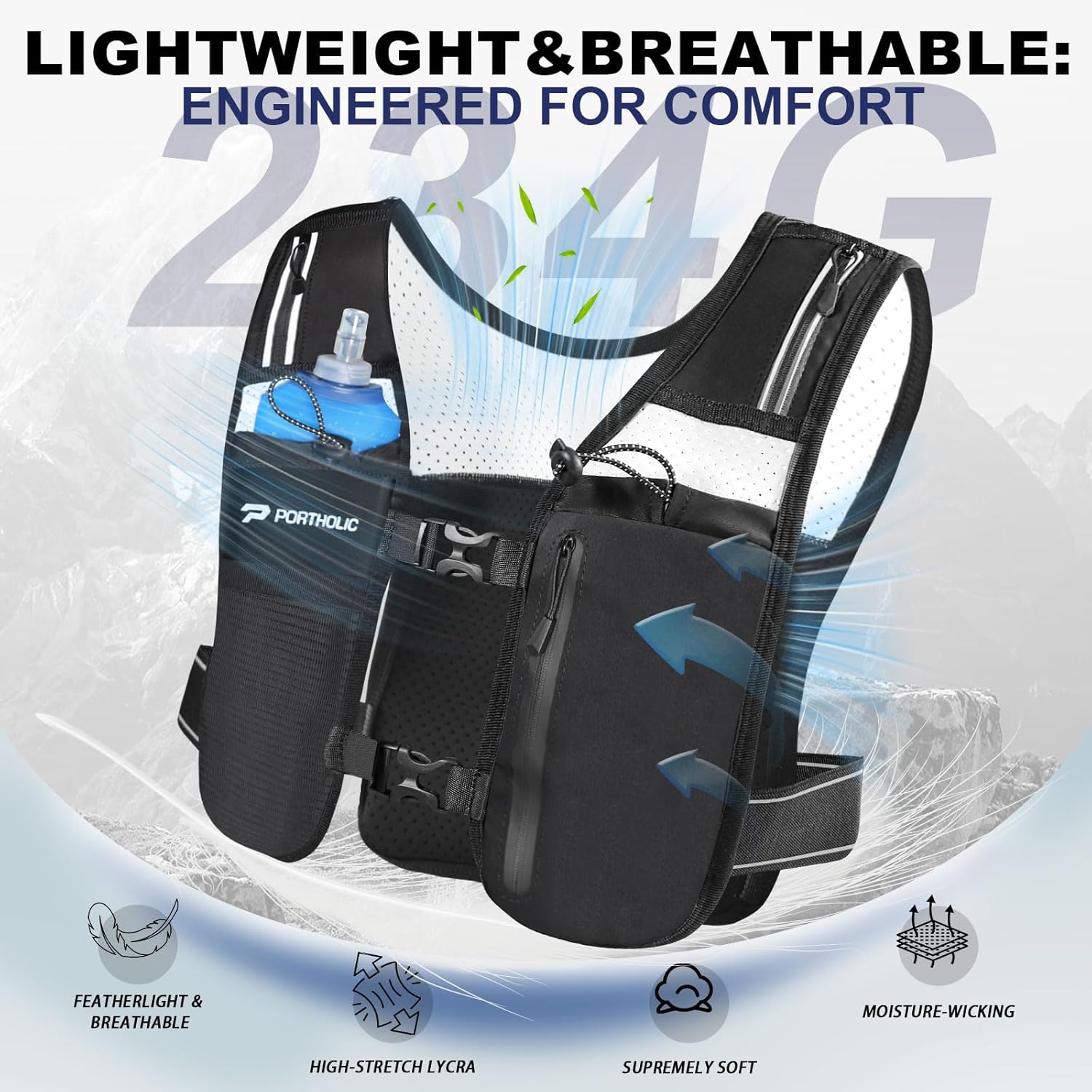 PORTHOLIC Running Vest for Women Men with 500ml/1.5L Water Bottle |Adjustable Hydration Vest with Water Bladder |Reflective |Lightweight |Muti-Pockets |Breathable for Running Accessories for Hiking - Image 3