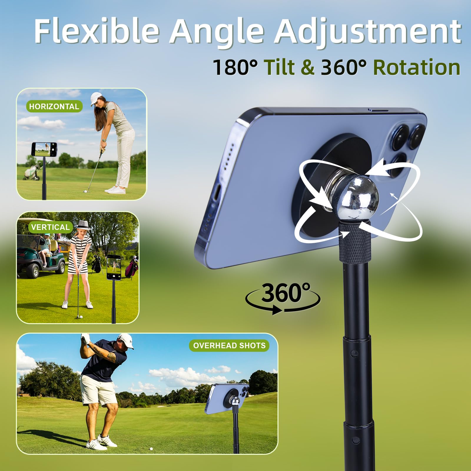 Trípode para teléfono de golf, palo magnético para selfie de 18-54 pulgadas con pincho | Soporte para teléfono móvil de golf, monopié de golf con pincho, soporte ajustable para teléfono de golf
