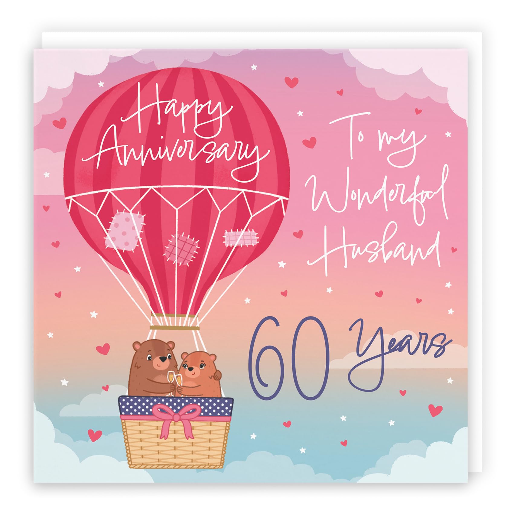 Hunts England, 60th Husband Hot Air Balloon Anniversary Card, Cute Bears Collection, Luxury 60th Anniversary Card For Husband