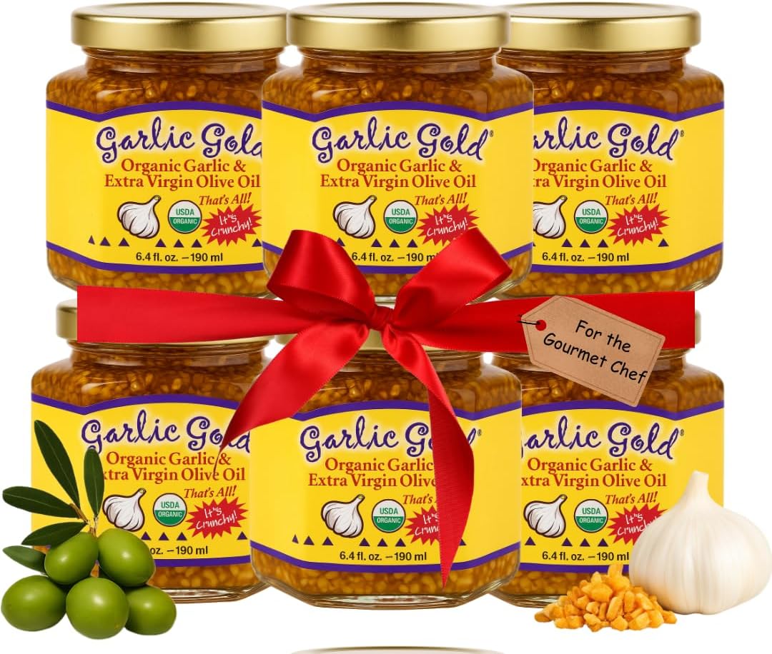 Certified Organic Garlic Gold Nuggets In Extra Virgin Olive Oil, 6.4 Ounce Glass Jars (Pack of 6)