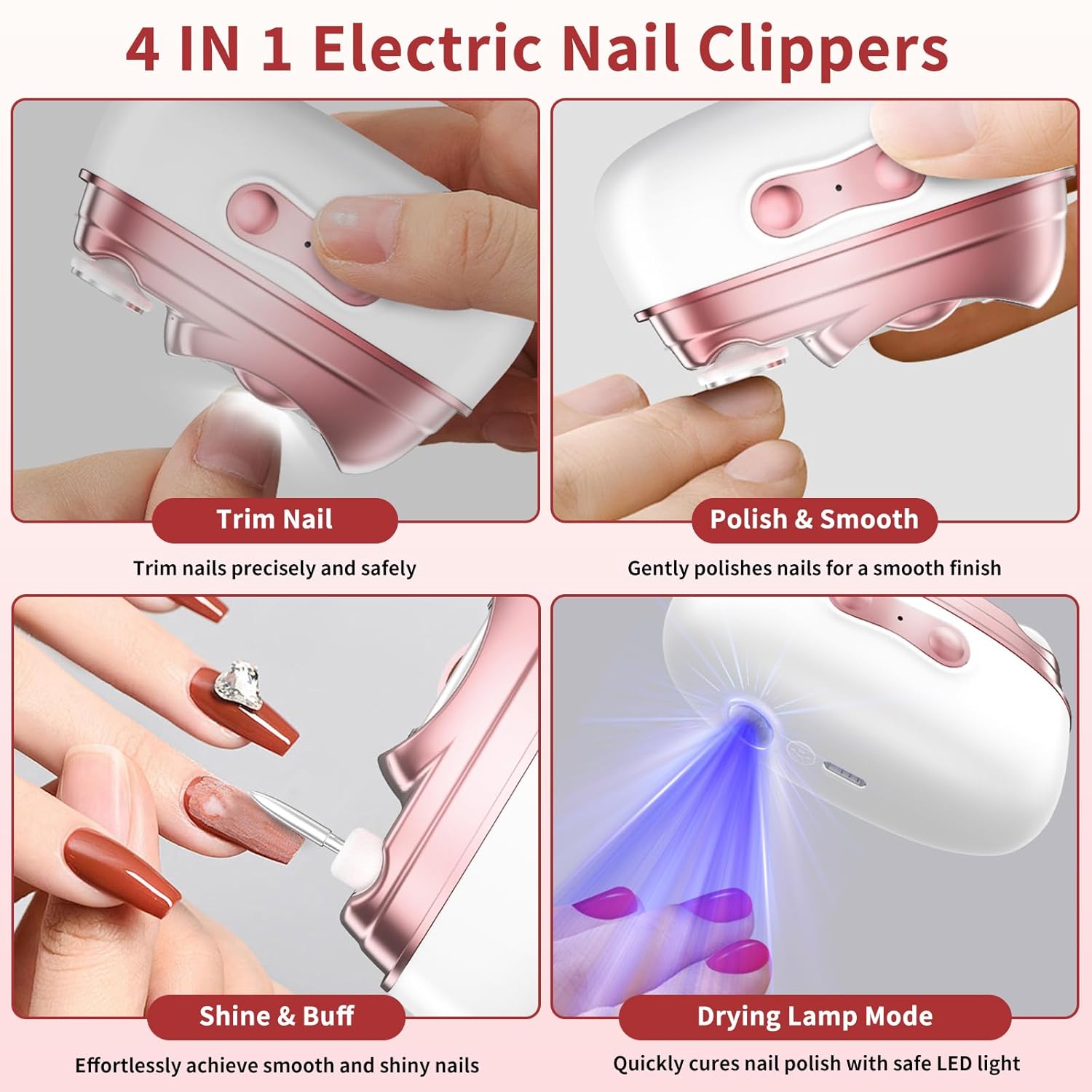 Electric Nail Clipper - 4 in 1 Automatic Nail Clipper with LED/Debris Box/Nail Drill/Gel Nail Light - Rechargeable Fingernail Trimmer - Thick Toe Nail Clippers for Senior/Adult/Kids/Baby File