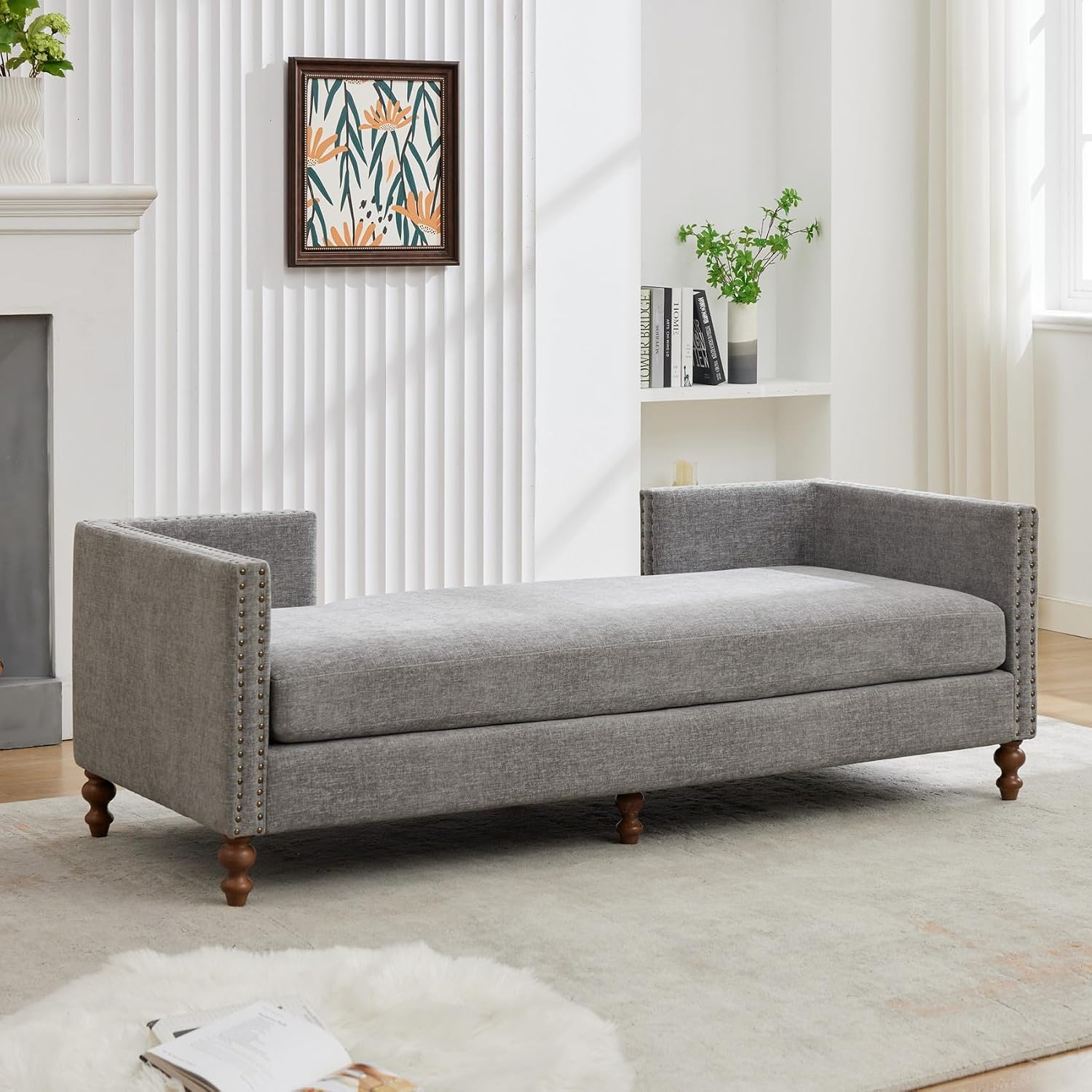 KEIKI 75" Chenille Indoor Chaise Lounge Chair with 4 Pillows, 2 Bolsters & Nailheads, Upholstered Sleeper Sofa Couch Day Bed, Rubber Wood Legs Daybed Recliner Bench for Living Room Bedroom Apartment