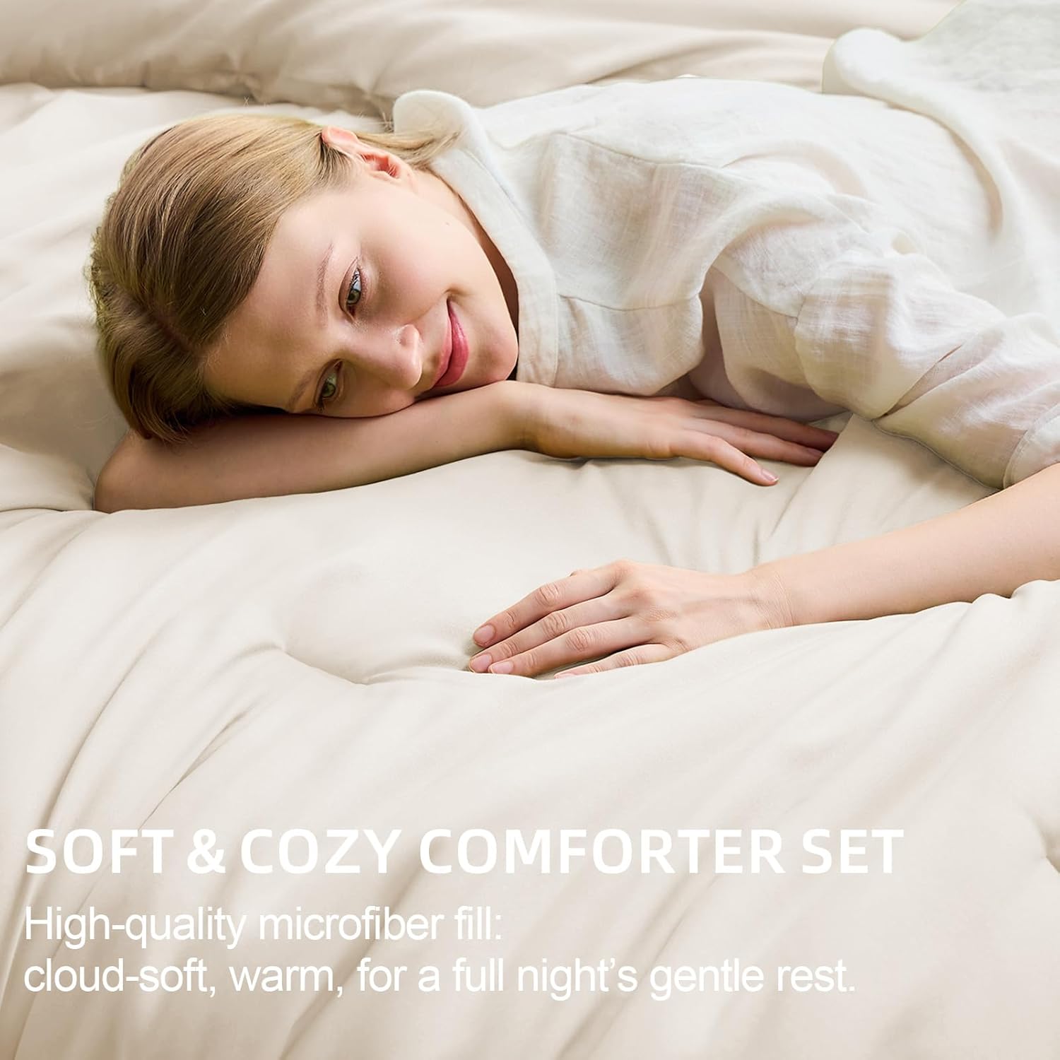 FUANNA Queen Comforter Set Beige, 7 Pieces Soft Bedding Sets Queen Size, All Season Lightweight Bed in a Bag with Comforter, Flat Sheet, Fitted Sheet, Pillowcases & Shams - Image 3